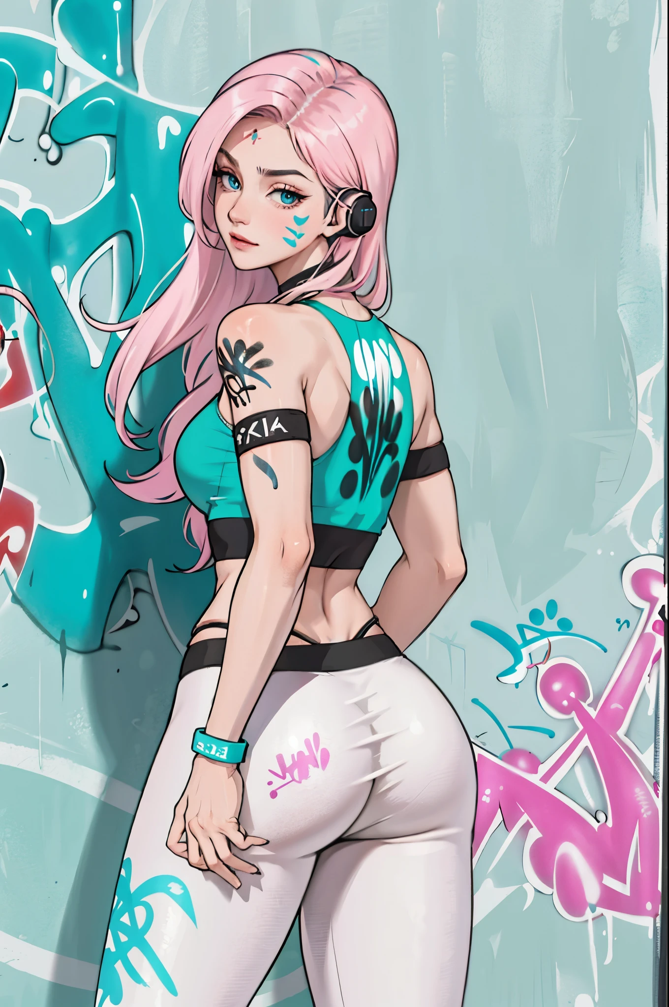 masterpiece, best quality, 25 years old beautiful woman, long hair, (mature face:1.4), 1woman, solo, crop top, gym leggings, choker, (from behind:1.4), plumb ass, thick thighs, thin waist, (graffiti:1.5), paint splatter, arms behind back, against wall, looking at viewer, armband, thigh strap, paint on body, head tilt, bored, multicolored hair (pink, blue), aqua eyes, headset