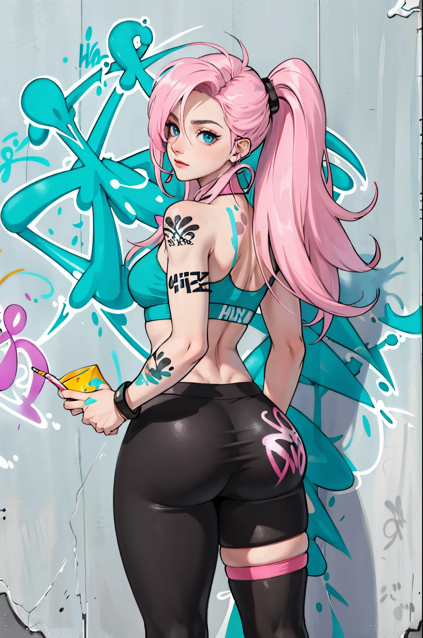 masterpiece, best quality, 25 year old beautiful woman, long hair, (mature face:1.4), 1 lady, alone, crop top, fitness leggings, collar, (from behind:1.4), Fuck ass, Thick thighs, thin waist, (Graffiti:1.5), paint splatter, Put your arms behind your back, against the wall, looking at the audience, armband, thigh strap, Apply to body, head tilt, boring, colorful hair (pink, blue), aqua eyes, earphone