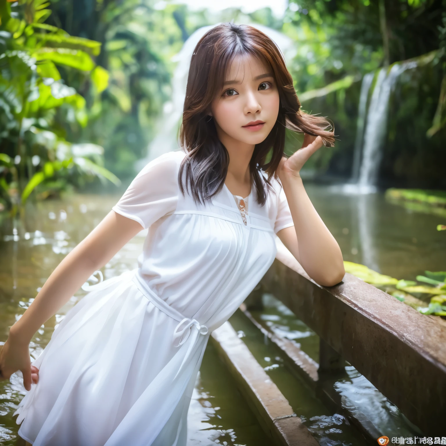 a asian girl in a flowing white dress, standing under a cascading waterfall, backlit by the sunlight, water droplets sparkling in the air, natural beauty.korean  girl,black hair,