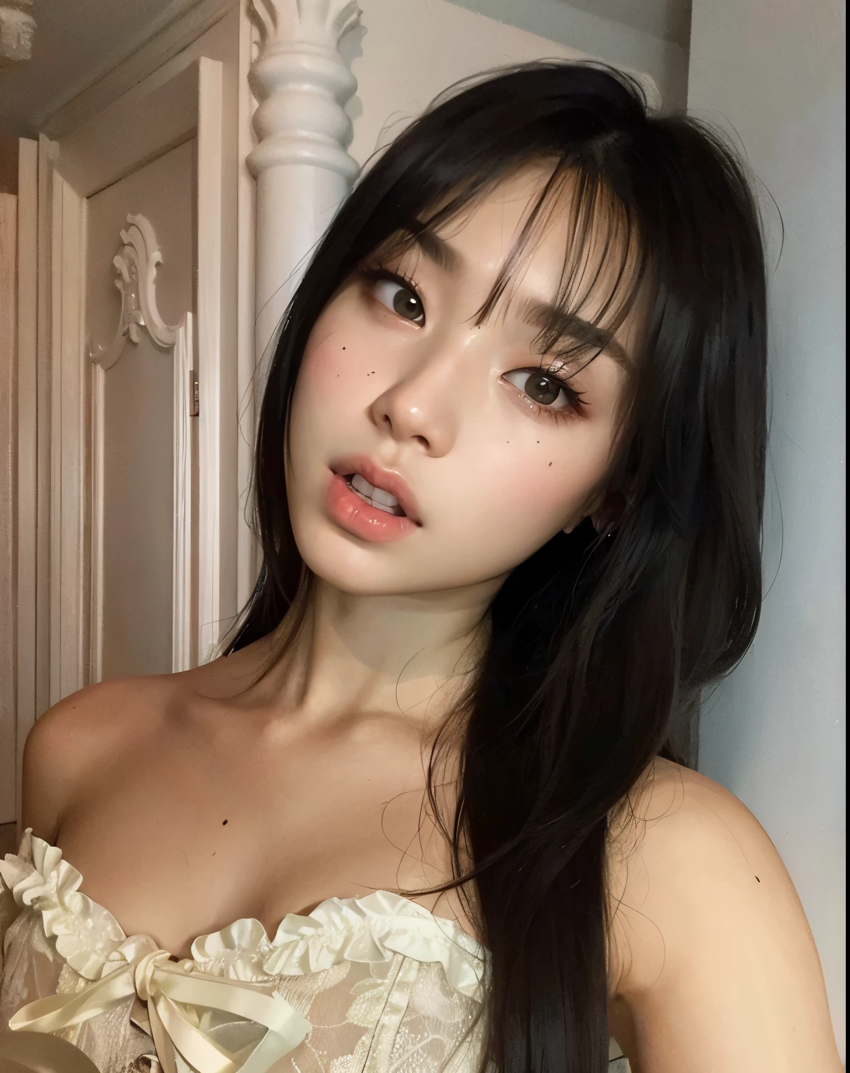 there is a blackpink jennie with long hair posing for a blackpink jennie with bangs, com franja completa, asian features, franja fofa, asian face, jennie blackpink com franja de cortina, retrato de garota gemma chan, franja branca, gema chen, franja repartida ao centro, rosto sexy com maquiagem completa, beautiful asian girl, an Asian woman, jennie blackpink face
