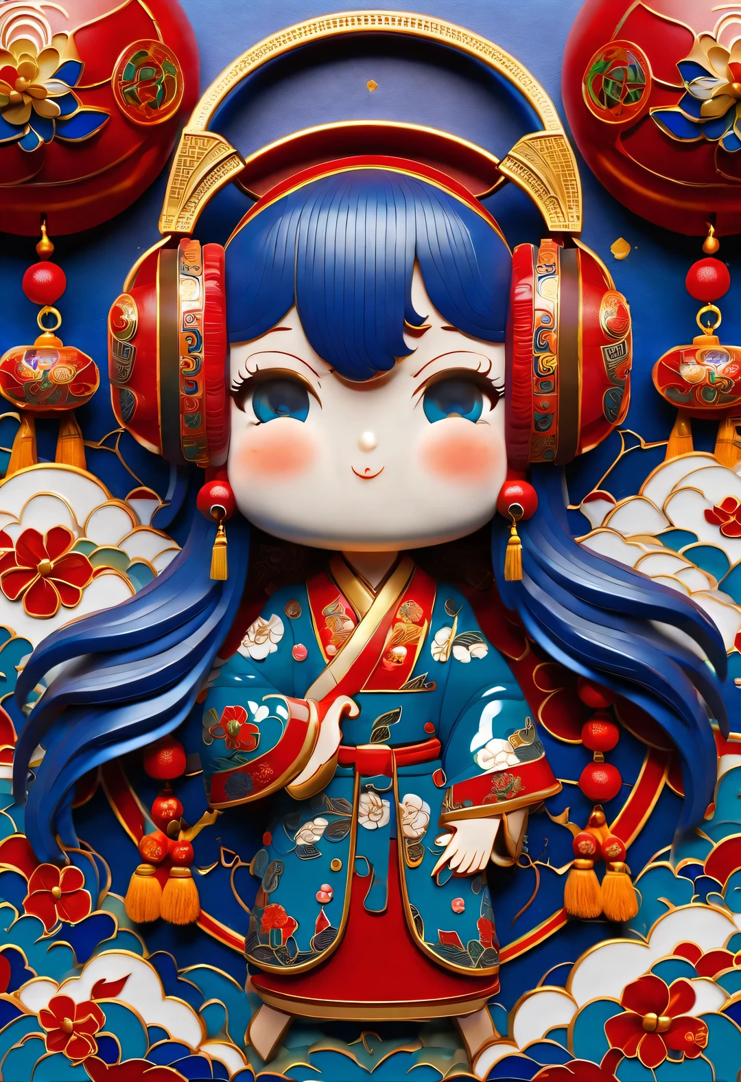 character idea,(一支头上戴着大耳机正在听音乐Q版of中国龙),Headphones made of cloisonne,yarn for hair,布偶of衣服,
3d rendering,逼真of毛发,Chinese cloisonne,cartoon,cartoon,of,portrait, Beautiful detailed,Red lunar new year background,paper cutting,dopamine,Realistic photography,Perfect blend of styles