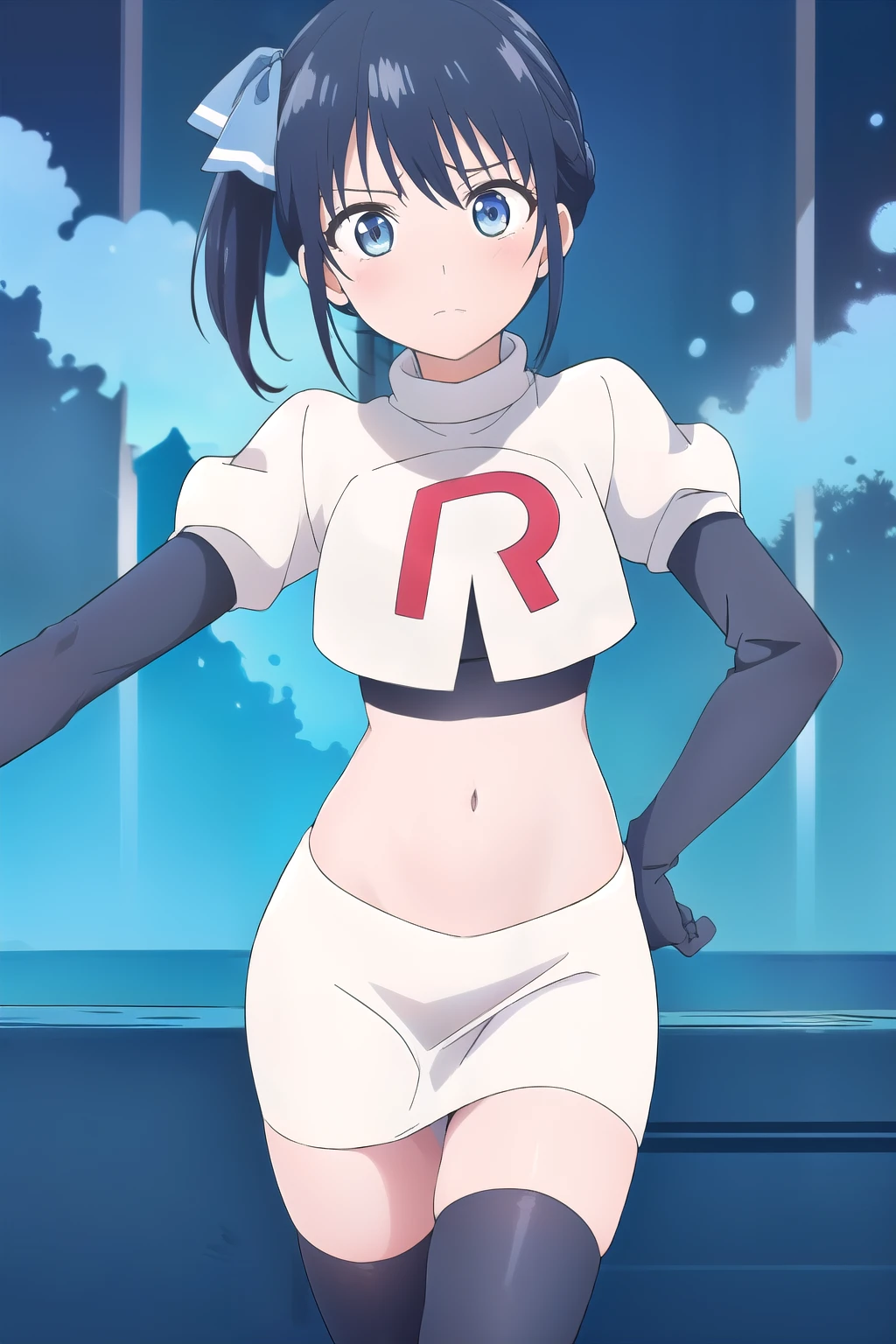 ((best quality)),((highly detailed)),masterpiece,absurdres,detailed face,beautiful face,(detailed eyes, deep eyes),(1girl),((dynamic pose)), minase, solo, 1girl, looking at viewer, blue bow, blue eyes, bow, side ponytail, blue hair, anime background, bangs, team rocket,team rocket uniform,white skirt,red letter R,crop top,black thigh-highs,black elbow gloves