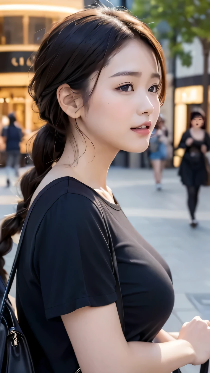 (8k, definition image, various compositions, looking away, position her off center), (drooping eyes, eyes realistic sizing, realistic skin, round face), downtown area, adult woman is walking in the mall, smile, she has a bag, braid,