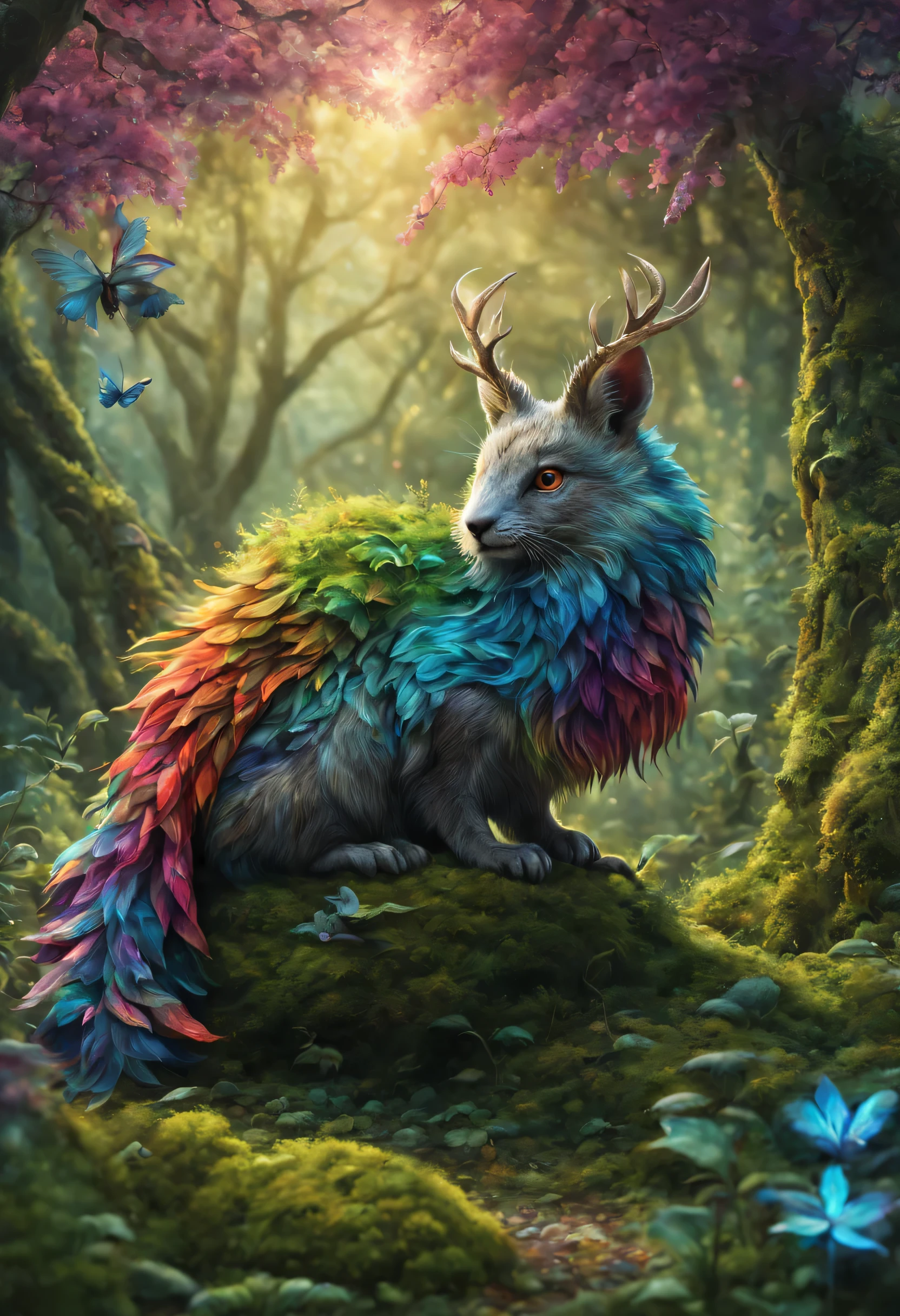 Fantasy animals, magical world, mysterious creature, Bizarre creatures, Fantasy colors, enchanted forest, Fantasy elements, Fantasy elements, mysterious magic, magical artifacts, beautiful details, strange and unique, (best quality,4K,8k,high resolution,masterpiece:1.2), Super detailed, (actual,photoactual,photo-actual:1.37), Fascinating fauna, mysterious flora, Whimsical landscape, unusual residents, Vibrant shades, magical aura, Fantastic nature, bright and colorful, fantastic scenery, Magical mysteries.