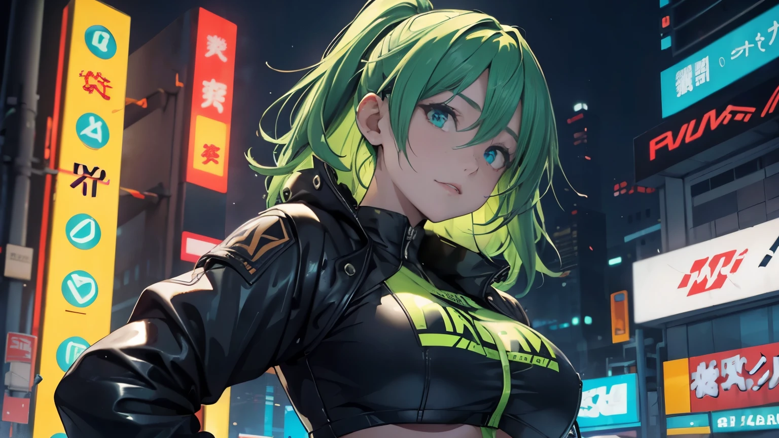 4K, A high resolution, Best quality at best, masterpiece, perfect colors, perfect shadow, perfect litthing, ((sportrait)), 1woman, fit-muscled body, face close up, bright yellow eyes, dark blue hair , blue eyes, With round lenses, detail in eyes, The audience watched carefully, (s face: 1.2),  bump, Perfect female figure, ((standing showing body curveand shape)), ((neon green Tight crop top neon green leather suit)), with towering skyscrapers adorned with neon lights, casting a vibrant glow over the bustling streets below. The cityscape is a mesmerizing blend of futuristic architecture and gritty, urban charm, setting the stage for an exciting adventure., energetic background, perfect city skyscape, lighting atmosphere, ((Bonifasko lighting)), (The round lenses on his eyes)(詳細な目), Perfect student, face close up