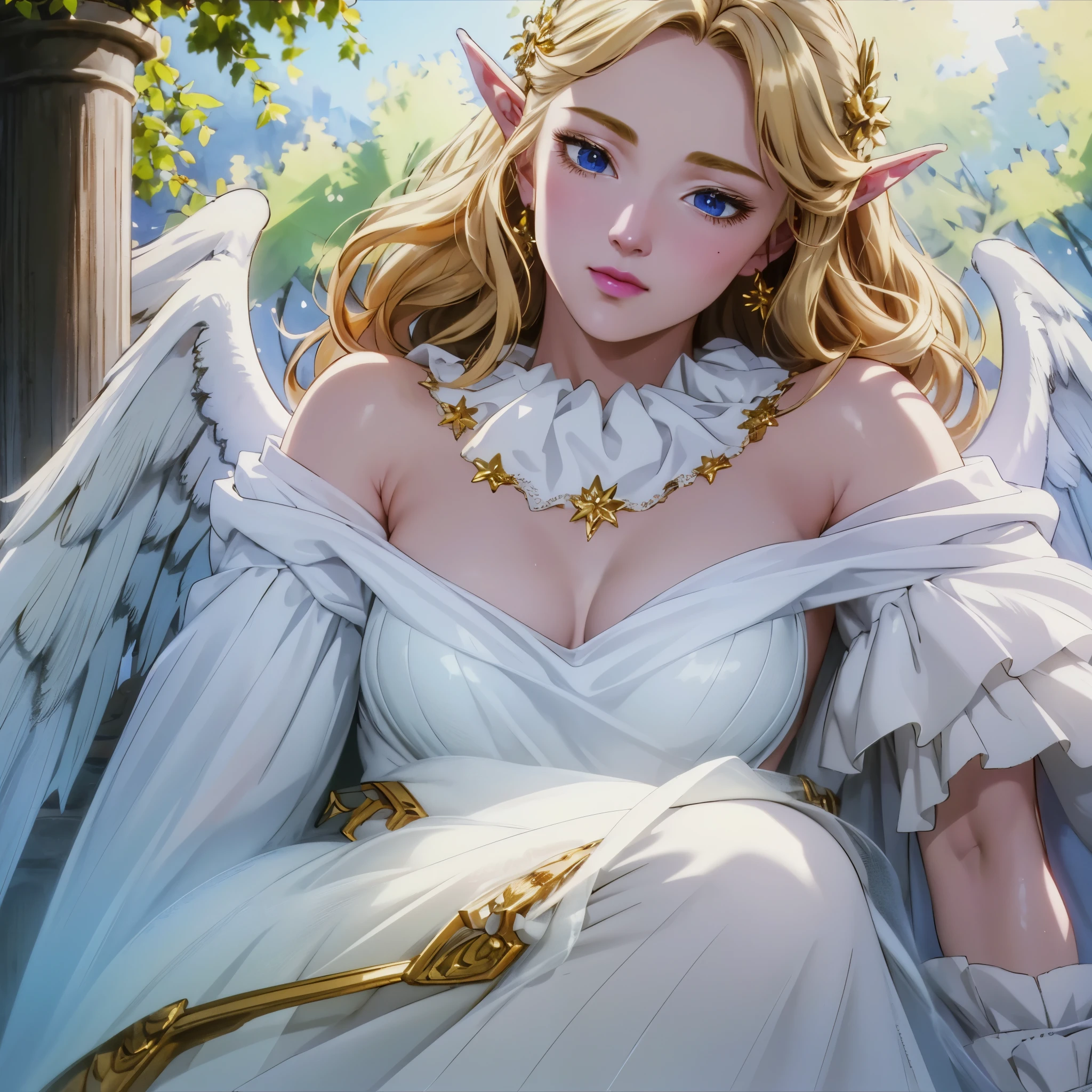 (best quality,4k,8k,highres,masterpiece:1.2),ultra-detailed,(realistic,photorealistic,photo-realistic:1.37),beautiful detailed eyes,beautiful detailed lips,extremely detailed eyes and face,long eyelashes,blonde goddess,elf ears,many wings,gold and white outfit,luminous golden hair,personality and stunning beauty,elegant and graceful posture,enchanted garden background,soft and ethereal lighting,mythical aura,fantasy art,portrait,Magical color scheme