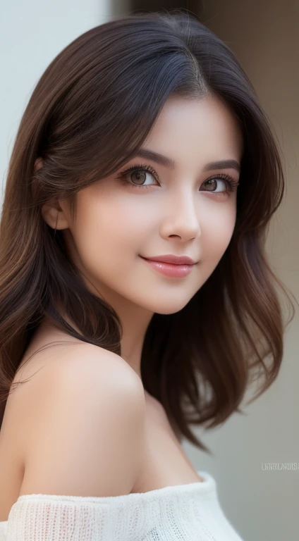 1 girl, Super cute, wonderful face and eyes, (Highly detailed beautiful face), (Ultra realistic), (highly detailed eyes, highly detailed hair, highly detailed face, Highly detailed plump lips), , (off shoulder), chest, Upper body, Search Smile, (highest quality:1.4), RAW photo, (realistic, photo-realistic:1.37), professional photography, cinematic light,