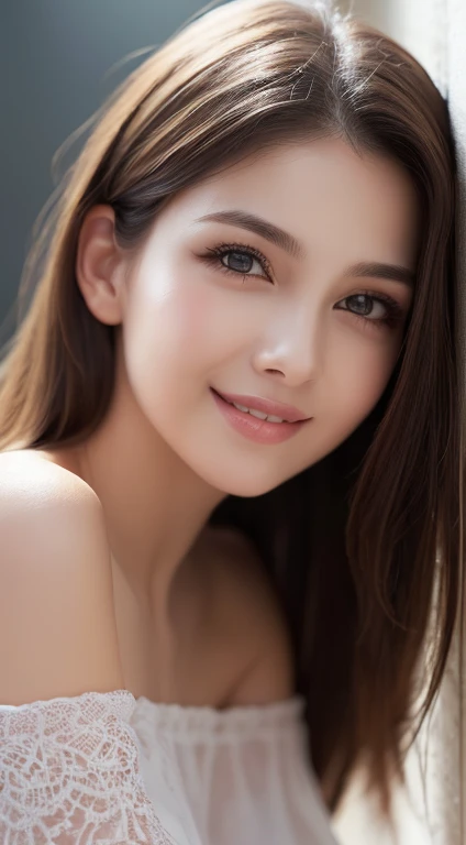 (ung girl), (highly detailed eyes, highly detailed hair, highly detailed face, Highly detailed plump lips), naked, (off shoulder), chest, Upper body, looking for a smile, (highest quality:1.4), RAW photo, (realistic, photo-realistic:1.37), professional photography, cinematic light, twilight, golden hour, Backlight, Depth of the bounds written,