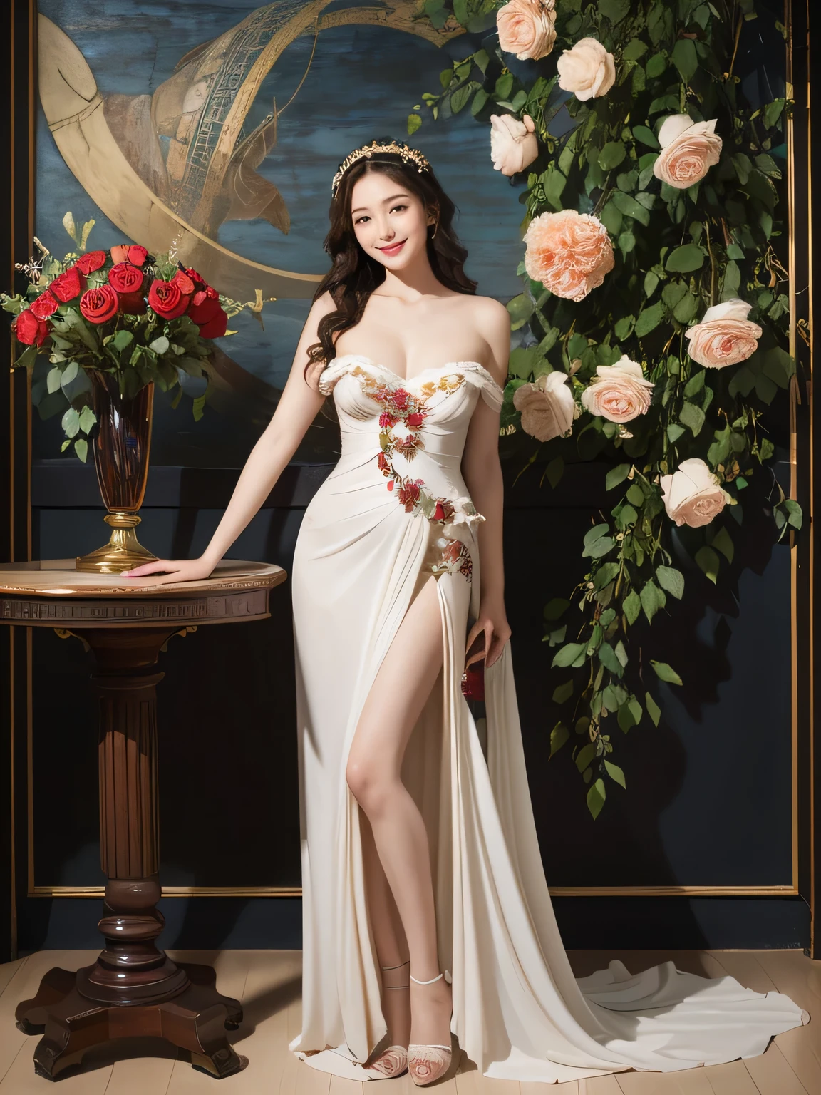 full body portrait or statue、Vigée Leblanc style、math、astronomical machine、astronaut、roses in vase、fruit、Cute trinkets、smile、ancient greek costume、Sandro Botticelli paintings、Clothes that stretch your shoulders、A big smile、expression of ecstasy、sexy、beautiful bare skin、A detailed representation of the seducing woman throughout her body..
