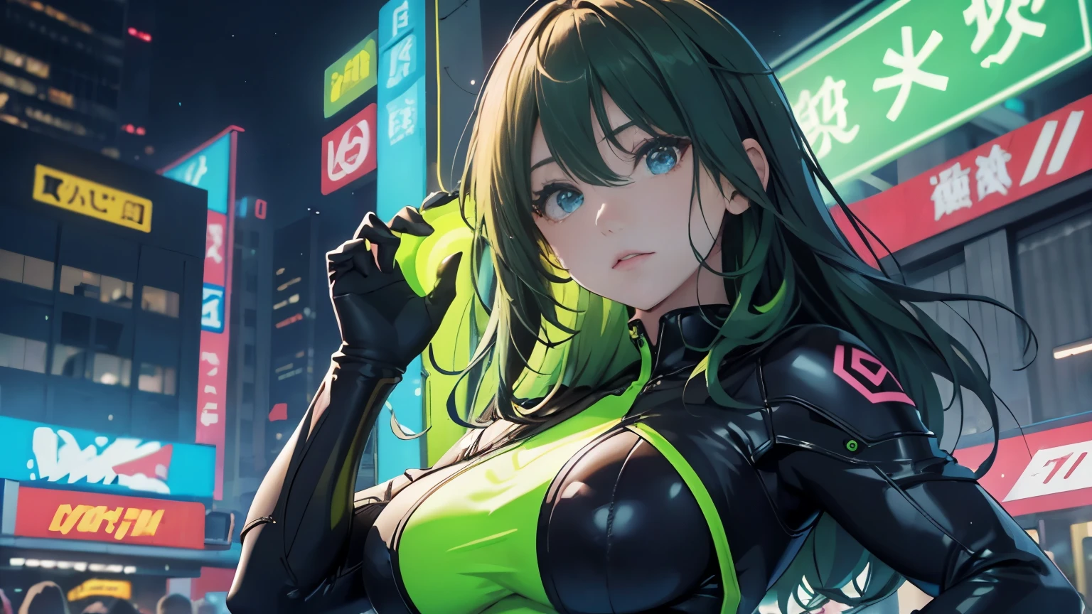 4K, A high resolution, Best quality at best, masterpiece, perfect colors, perfect shadow, perfect litthing, ((sportrait)), 1woman, fit-muscled body, face close up, bright yellow eyes, dark blue hair , blue eyes, With round lenses, detail in eyes, The audience watched carefully, (s face: 1.2), nipple bump, Perfect female figure, ((standing showing body curveand shape)), ((neon green Tight crop top neon green leather suit)),A portrayal of Nova and Bolt delving into the shadowy alleys of the cyberpunk city, their silhouettes illuminated by the pulsating neon lights. The atmosphere is filled with an air of mystery and intrigue as they embark on their journey into the unknown., energetic background, perfect city skyscape, lighting atmosphere, ((Bonifasko lighting)), (The round lenses on his eyes)(詳細な目), Perfect student, face close up