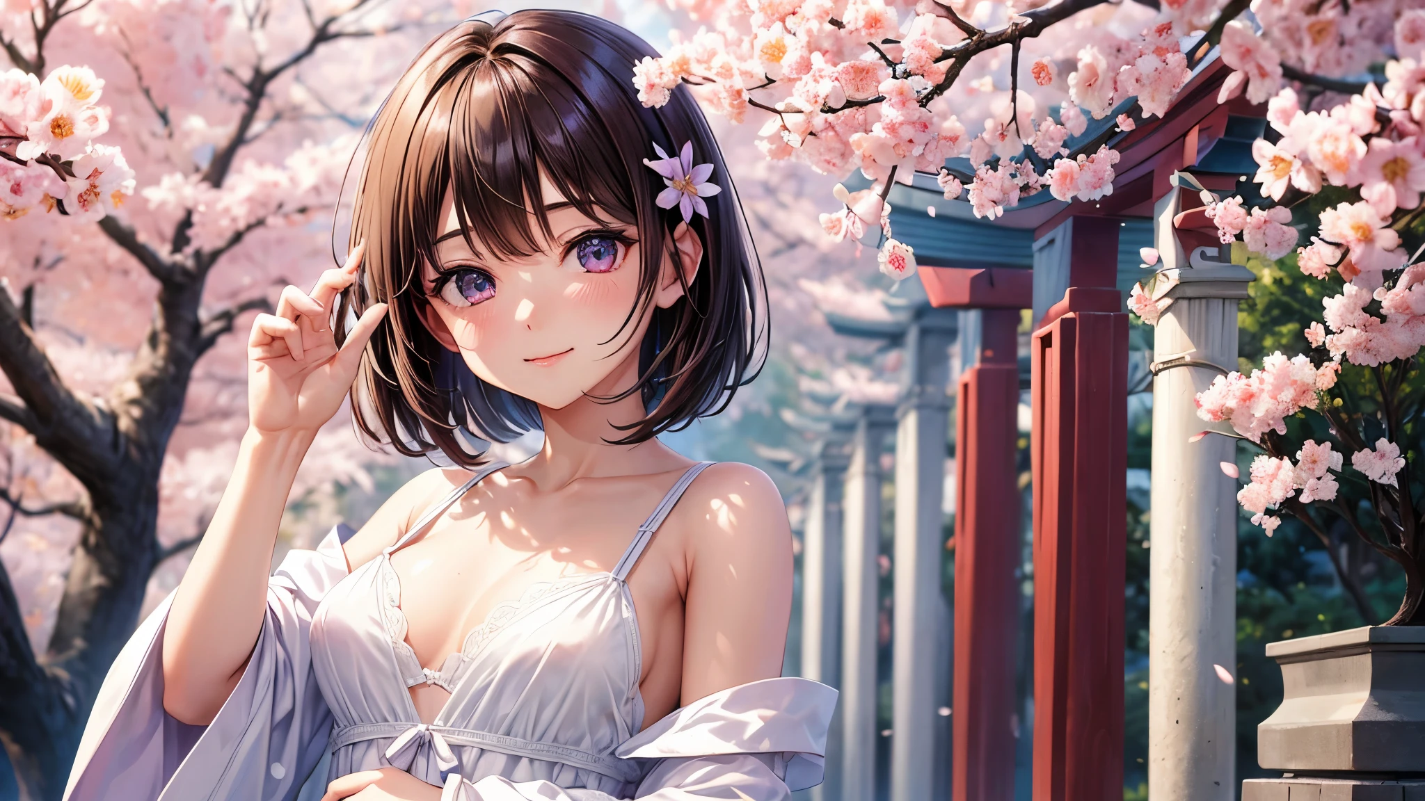 masterpiece、High-definition CG unified 8K wallpaper、1girl、beautiful、real、とっても可愛いgirl、(girl)、dark brown hair、cowboy shot、bob cut、short hair、violet eye、Brown eye、smile、(clear white skin))、branch、梅のflower、depth_of_field、flower、gem、nose、real、solo、uniform、white dress、(A slightly smaller nipple shape appears)、Hide fingers、Hide arms、Just wear a bra Information、shrine、torii、cherry blossoms、Mr. Inari、