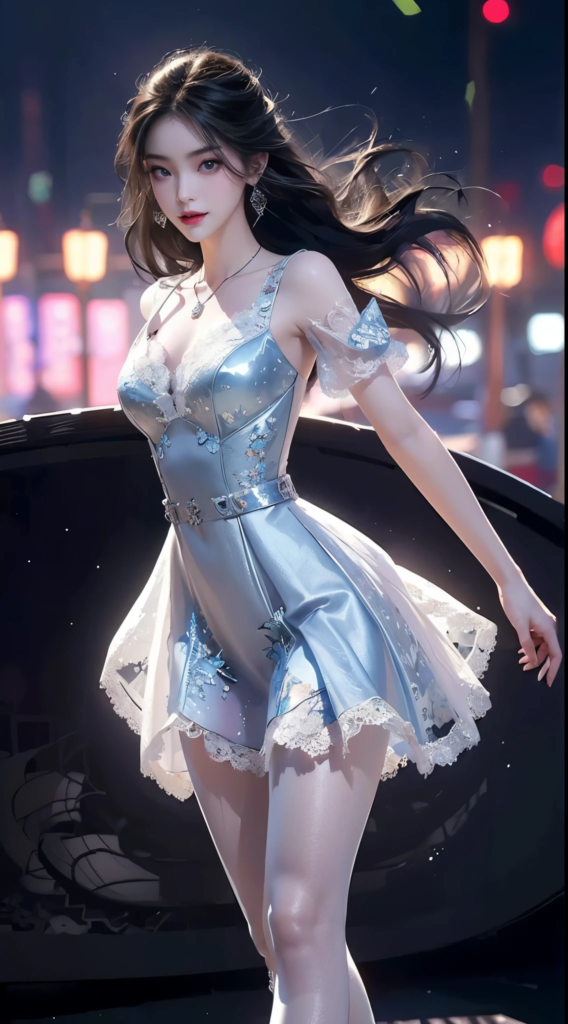 ((whole body)), ((from below)), clear face, pretty face, 8k, masterpiece, original photo, best quality, detail:1.2),lifelike, Extremely detailed CG unified 8k wallpapers, depth of field, movie light, lens flare, Ray tracing, (extremely beautiful face, beautiful lips, beautiful eyes), intricate detail face, ((ultra detailed skin)) 1 girl, in the darkness, deep shadow,
beautiful korean girl, kpop idol,(Very slim figure:1.3), (bright smile), (City night, (neon lights), (night), beautiful korean girl, white diamond earrings, Diameter bracelet, Dia necklace, pantyhose, clear eyes, Walk, face forward, (big eyes), ((Lace's ))