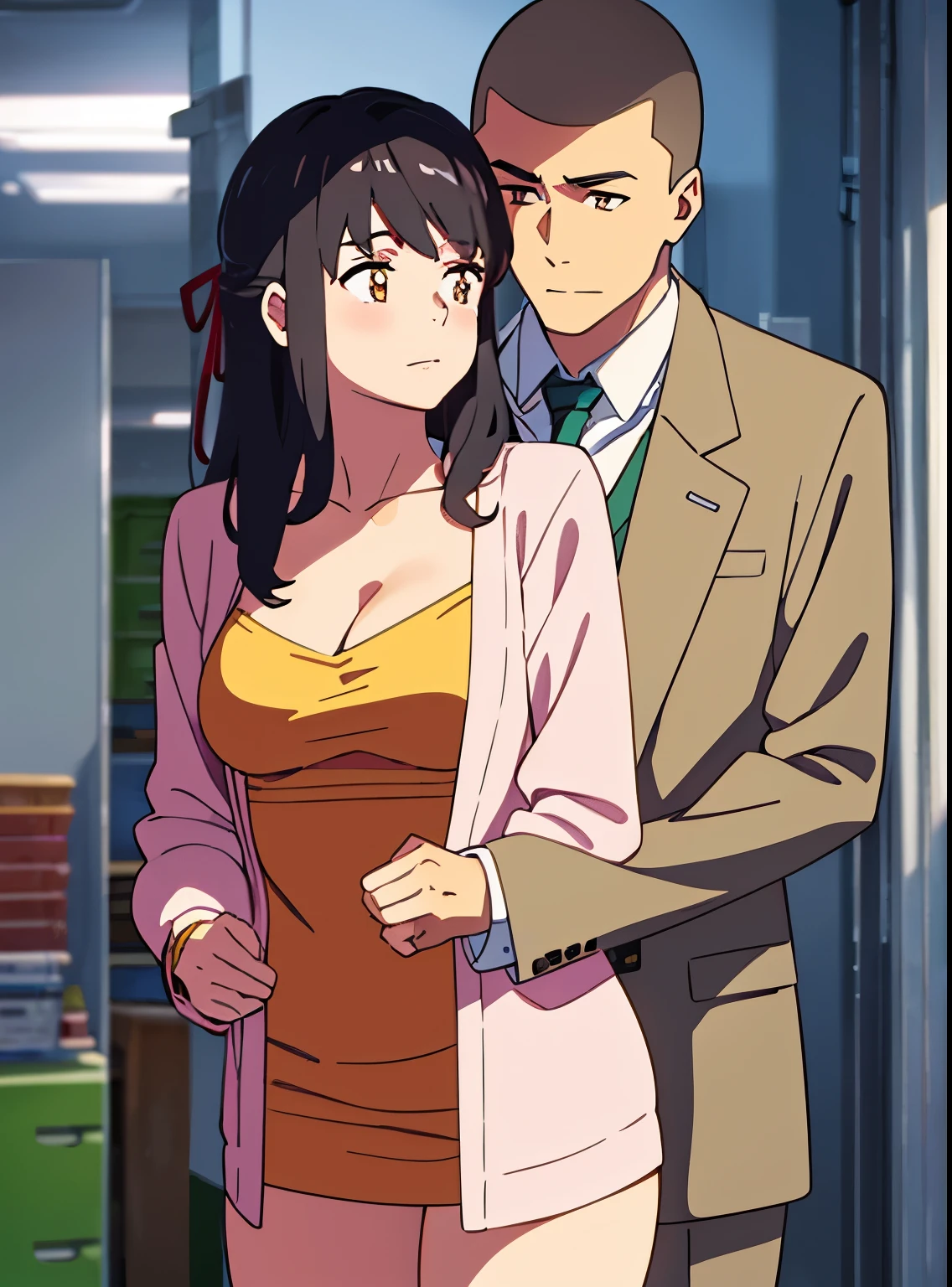 shinkai makoto, kimi no na wa., 1boy, buzzcut,office suit, boy caressing girl's body, boy is hugging from behind, ear biting 1girl, bangs, black hair, brown eyes, Twisted Half Up, red ribbon, long hair, long sleeve light pink cardigan, open shirt, yellow shirt, cleavage, breast, medium breast, storage room, indoors, masterpiece, perfect anatomy, cowboyshot