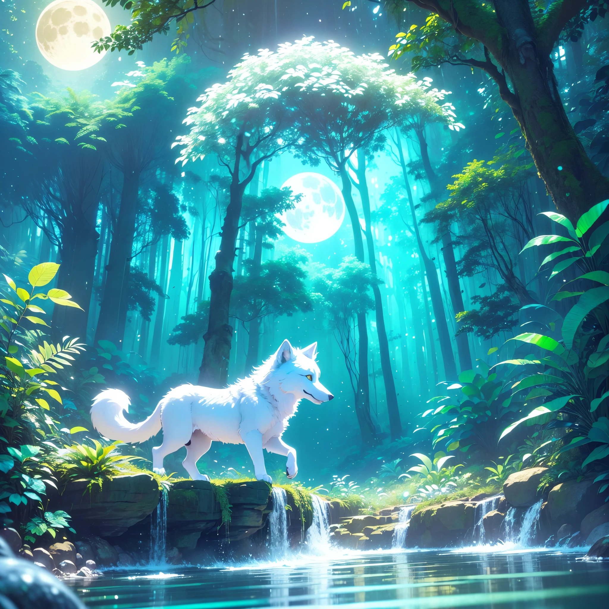 UHD, masterpiece, ccurate, textured skin, best quality, highres, 16k, 1080P,SOLO,(Magical Creature),A cute Jungle sticker, (A cute white wolf has golden eyes)(Furry),a full moon,a deep forest,and a mysterious image. It's night but it's bright
