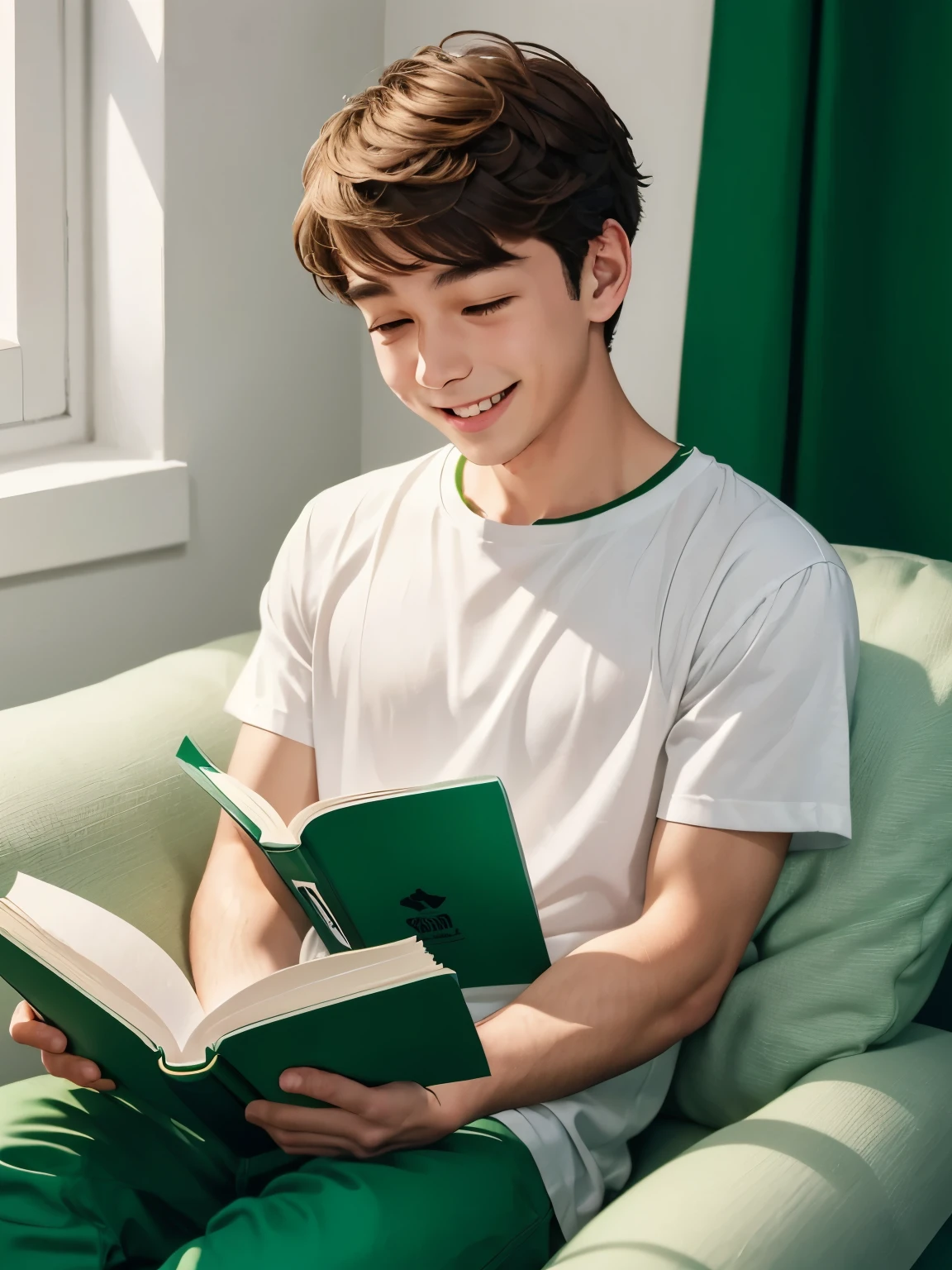 A happy boy is reading a book in a white and green room.