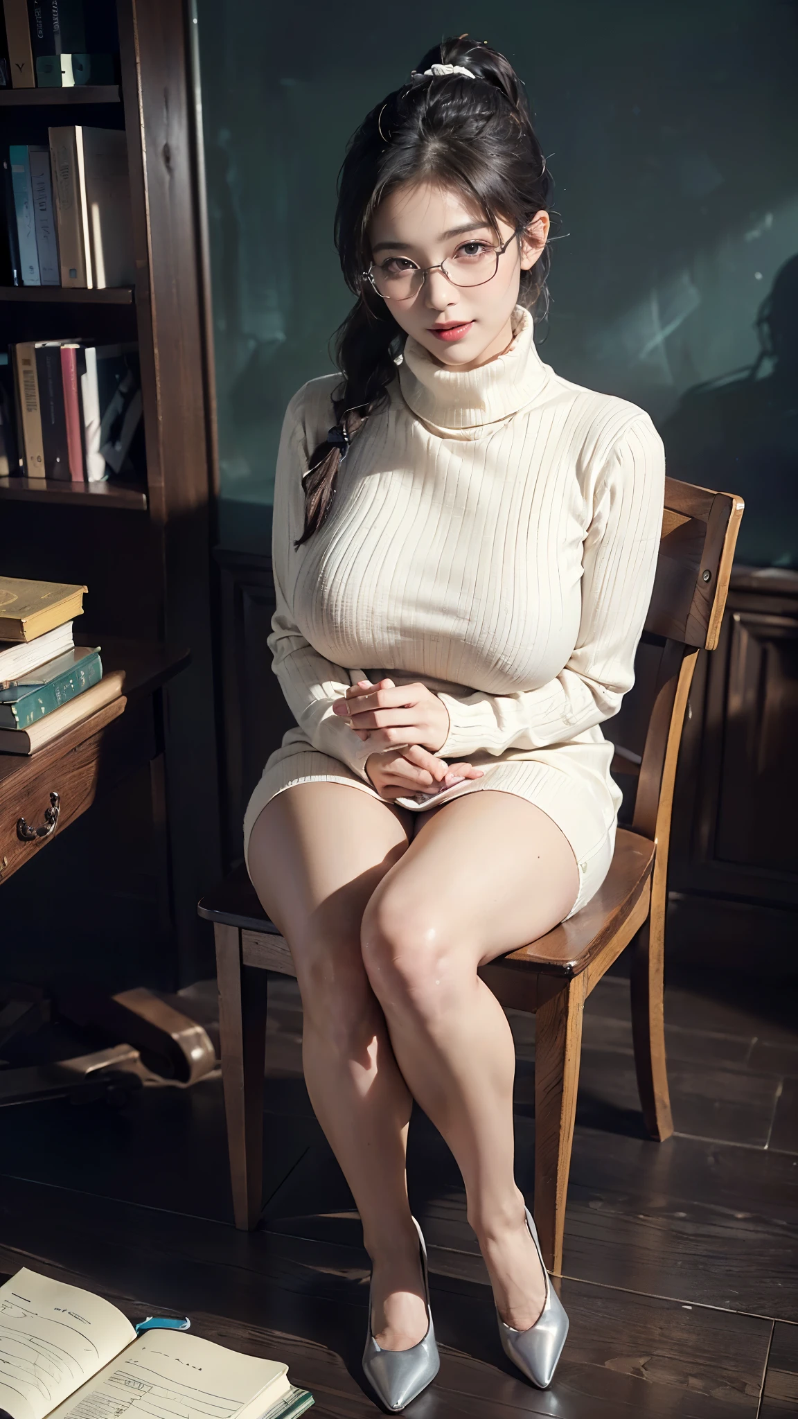 ((8k, RAW photos, top quality, masterpieces), high-definition RAW color photos professional close-up photos, (realistic, photorealism: 1.37), (highest quality), (best shadows), (best illustrations), collarbones ((big)), ((erotic, sexy, ultra high resolution, high-definition CG unified 8K wallpapers, physically based rendering, movie lighting), (aegyo sal:1), 18-year-old girl, (tutor sitting on chair wearing knitted dress with white turtleneck:1.2), indoors,study room, bookshelf(Stylish glasses:1.2), eyes with beautiful details, light on face, ((Full body shot:1.2)), especially strong light, Gently smiling expression,Glossy skin, ( Thick thighs), ulzzang-6500-v1.1:0.2, Shy, (Flash: 1.2 ), NSFW, , (Ponytail:1.2), (Puffy, (Seductive Posture:1.2, Attractive:1.2)), (Idol), ((Good Anatomy:1.2))(Studying, Textbooks, Notes, Reference Books)