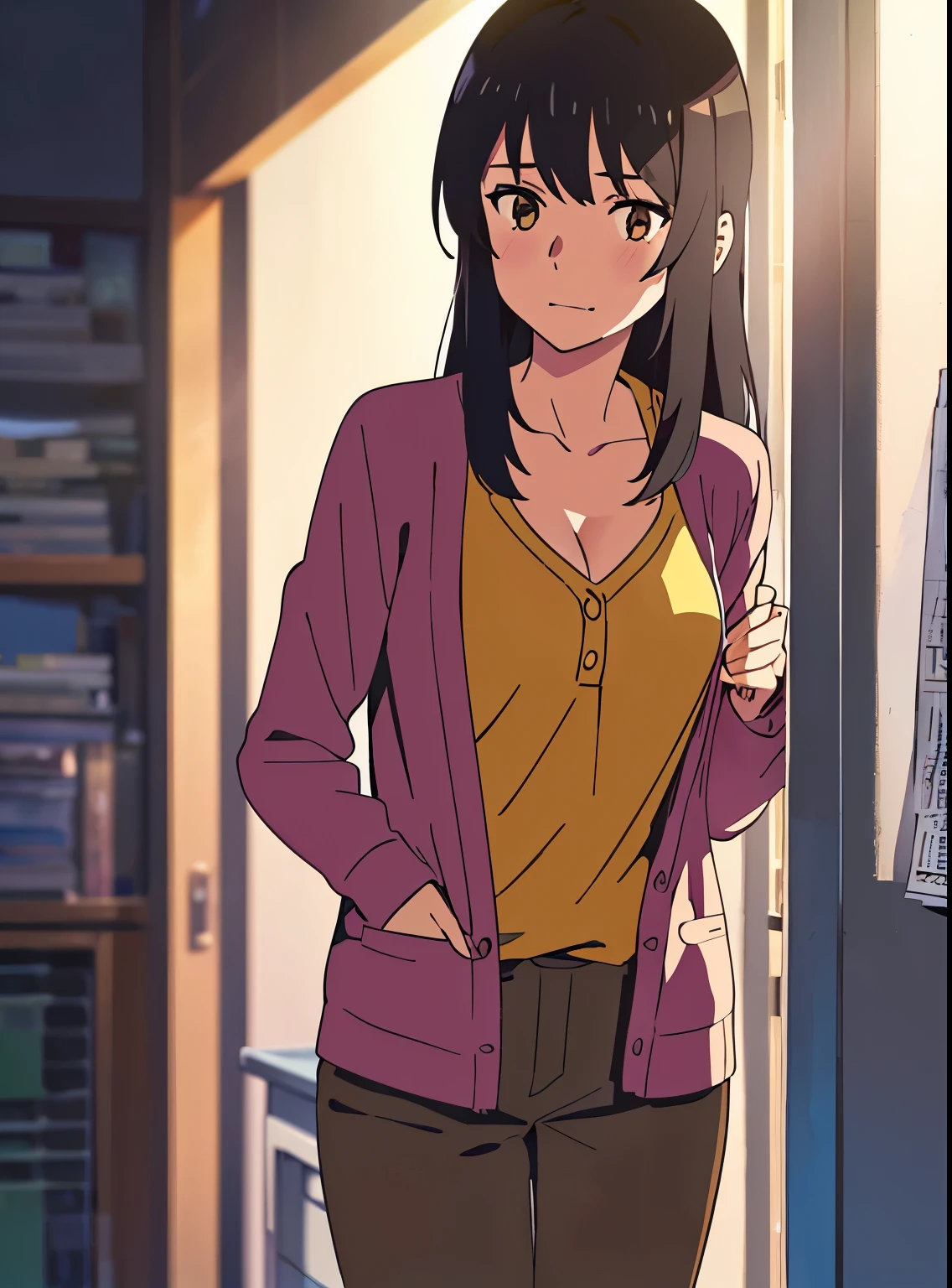 shinkai makoto, kimi no na wa., 1boy, buzzcut,office suit, boy caressing girl's body, boy is hugging from behind, ear biting 1girl, bangs, black hair, brown eyes, Twisted Half Up, red ribbon, long hair, long sleeve light pink cardigan, open shirt, yellow shirt, cleavage, breast, medium breast, storage room, indoors, masterpiece, perfect anatomy, cowboyshot