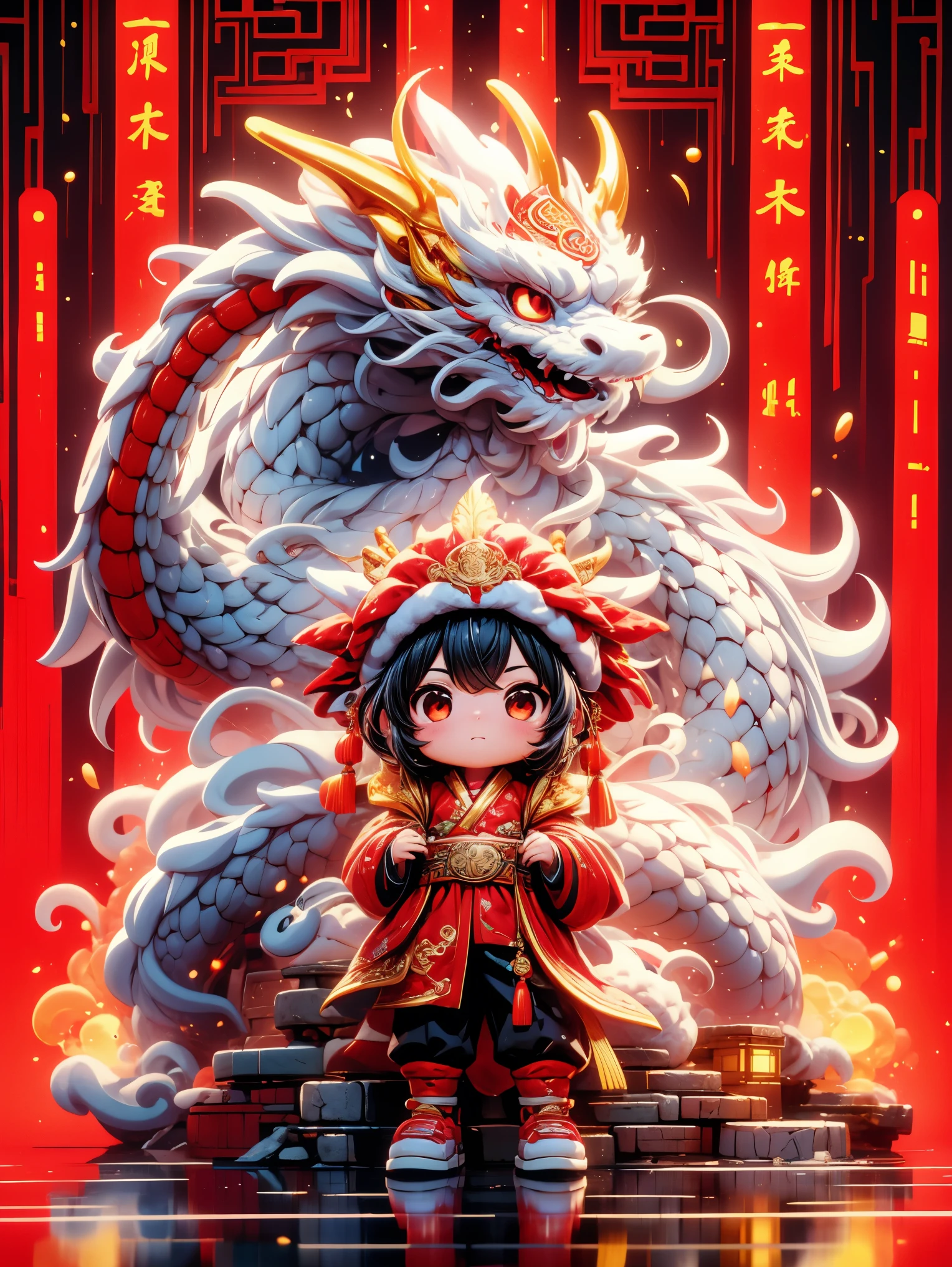 (whole body:1.5)，1 super cute girl，Wearing a fluffy hat，There is a Chinese dragon coiled behind him，big eyes，Gold coin decoration，pixar animation，IP design，Ultra-fine details，resin，Best quality oc rendering，Strong light effect，plain red background，Ultra-detailed , 3D rendering, HD, 8k