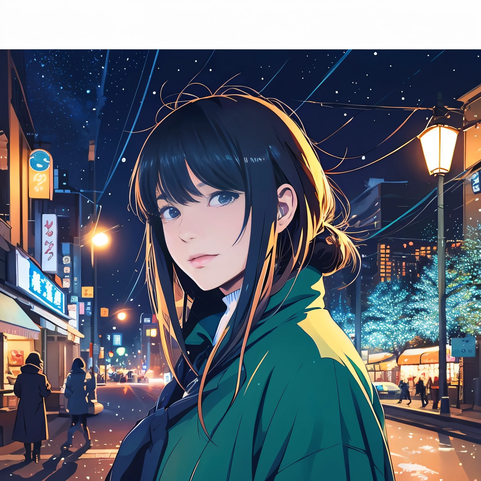 Illustration style、昭和anime、anime、Woman facing this way、Shinkai Makoto style、The season is winter、Tokyo at night、 (highest quality, super detailed, Natural light)