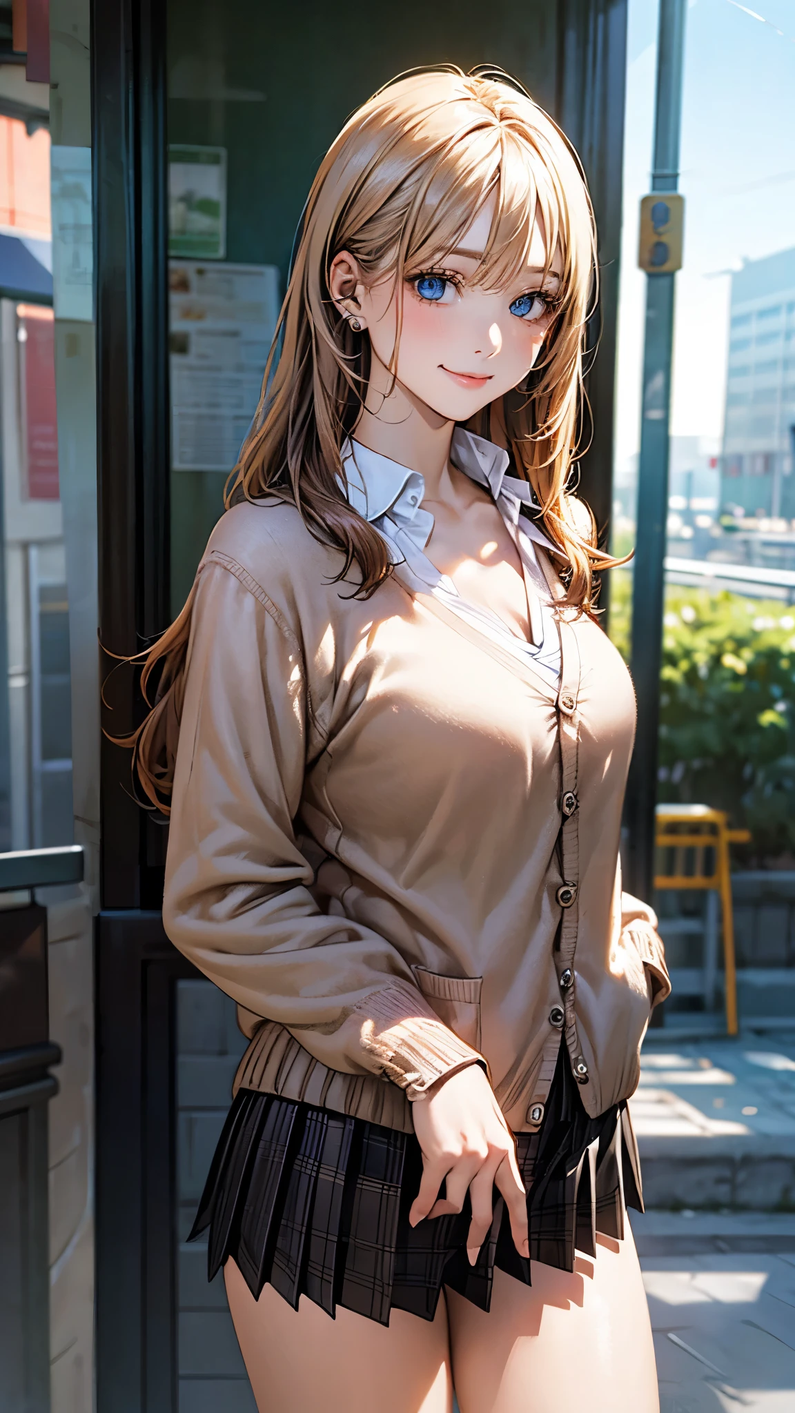 (masterpiece:1.2, top-quality), (realistic, photorealistic:1.4), beautiful illustration, (natural side lighting, movie lighting),
looking at viewer, 1 girl, japanese, high school girl, perfect face, cute and symmetrical face, shiny skin, babyface,
(long hair, straight hair, sideburns, (blond hair)), swept bangs, blue eyes, (middle breasts, seductive thighs, big ass), piercings,
beautiful hair, beautiful face, beautiful detailed eyes, beautiful clavicle, beautiful body, beautiful chest, beautiful thigh, beautiful legs, beautiful fingers,
(((brown cardigan, close clothes), white collared shirt, black plaid pleated miniskirt)),
(beautiful scenery), evening, (caffee shop), standing, (lovly smile, upper eyes),