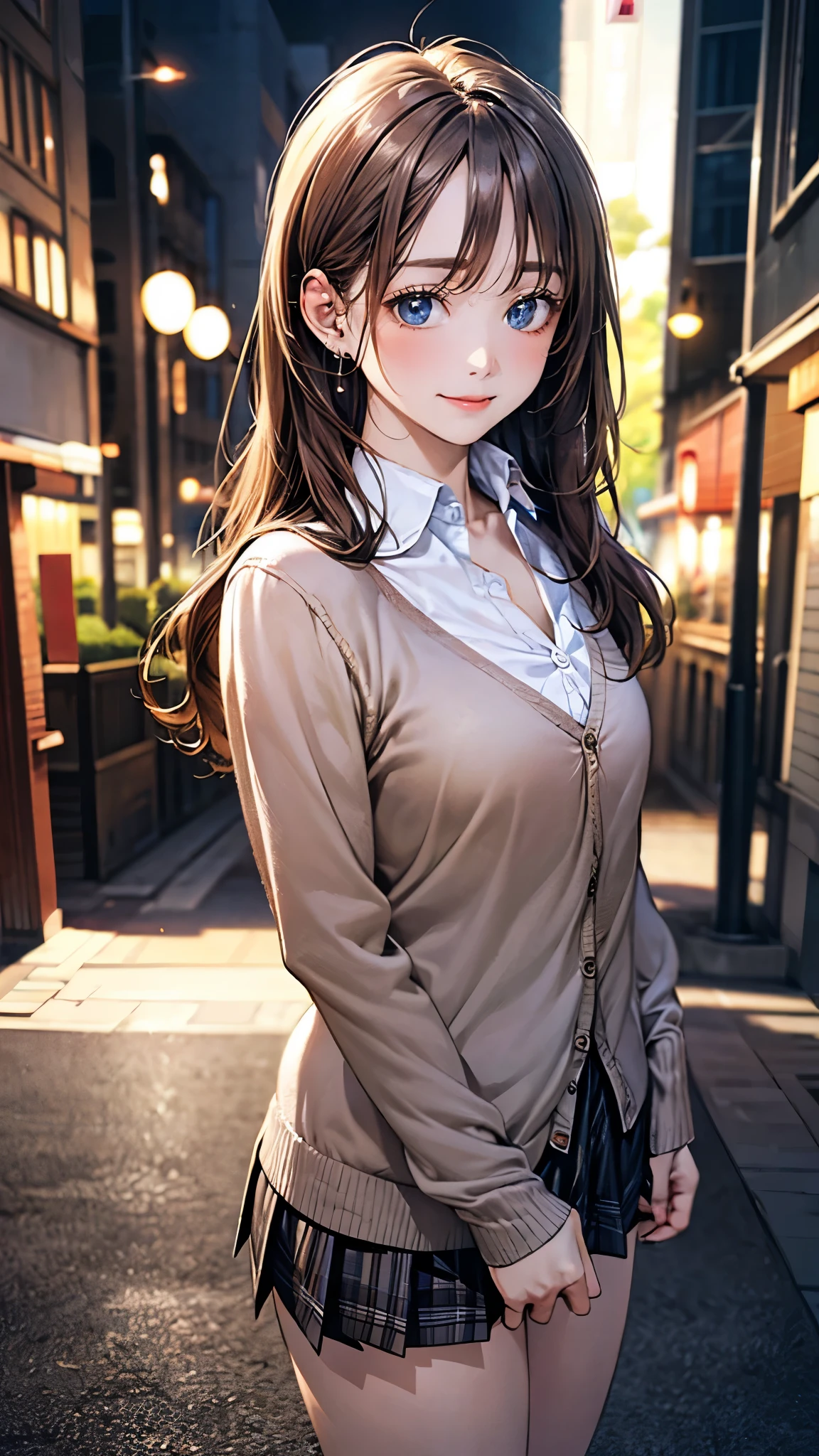 (masterpiece:1.2, top-quality), (realistic, photorealistic:1.4), beautiful illustration, (natural side lighting, movie lighting), 
looking at viewer, 1 girl, japanese, high school girl, perfect face, cute and symmetrical face, shiny skin, babyface, 
(long hair, straight hair, sideburns, (blond hair)), swept bangs, blue eyes, (middle breasts, seductive thighs, big ass), piercings, 
beautiful hair, beautiful face, beautiful detailed eyes, beautiful clavicle, beautiful body, beautiful chest, beautiful thigh, beautiful legs, beautiful fingers, 
(((brown cardigan, close clothes), white collared shirt, black plaid pleated miniskirt)), 
(beautiful scenery), evening, (caffee shop), standing, (lovly smile, upper eyes), 