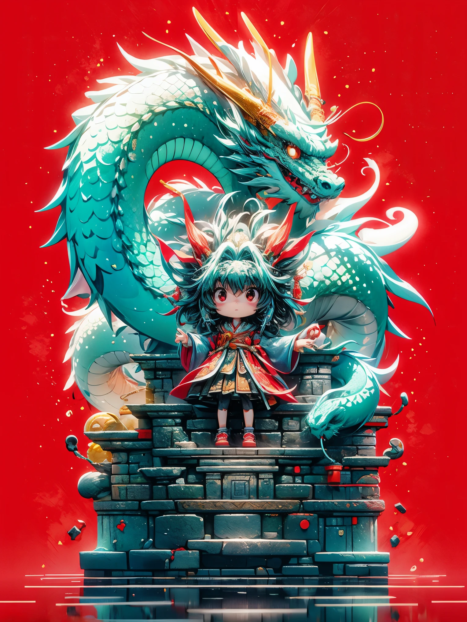 (blind box toy style:1.2), (Full Body Shot) , 1 Transparent cute girl,Behind him is a transparent and Chinese dragon，big eyes，Gold coin decoration，pixar animation，IP design，Ultra-fine details，resin，Best quality oc rendering，Strong light effect，plain red background，Ultra-detailed , 3D rendering, HD, 8k