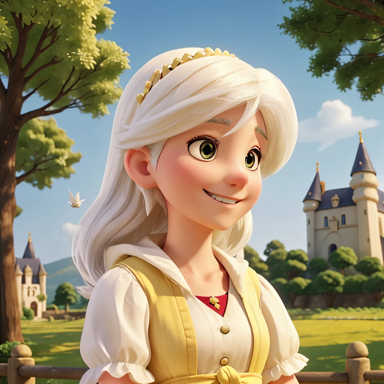 20 year old white haired woman,The woman looks at the bird and smiles,With a yellow castle in the background,There are many trees around the castle々There are many forest animals.,