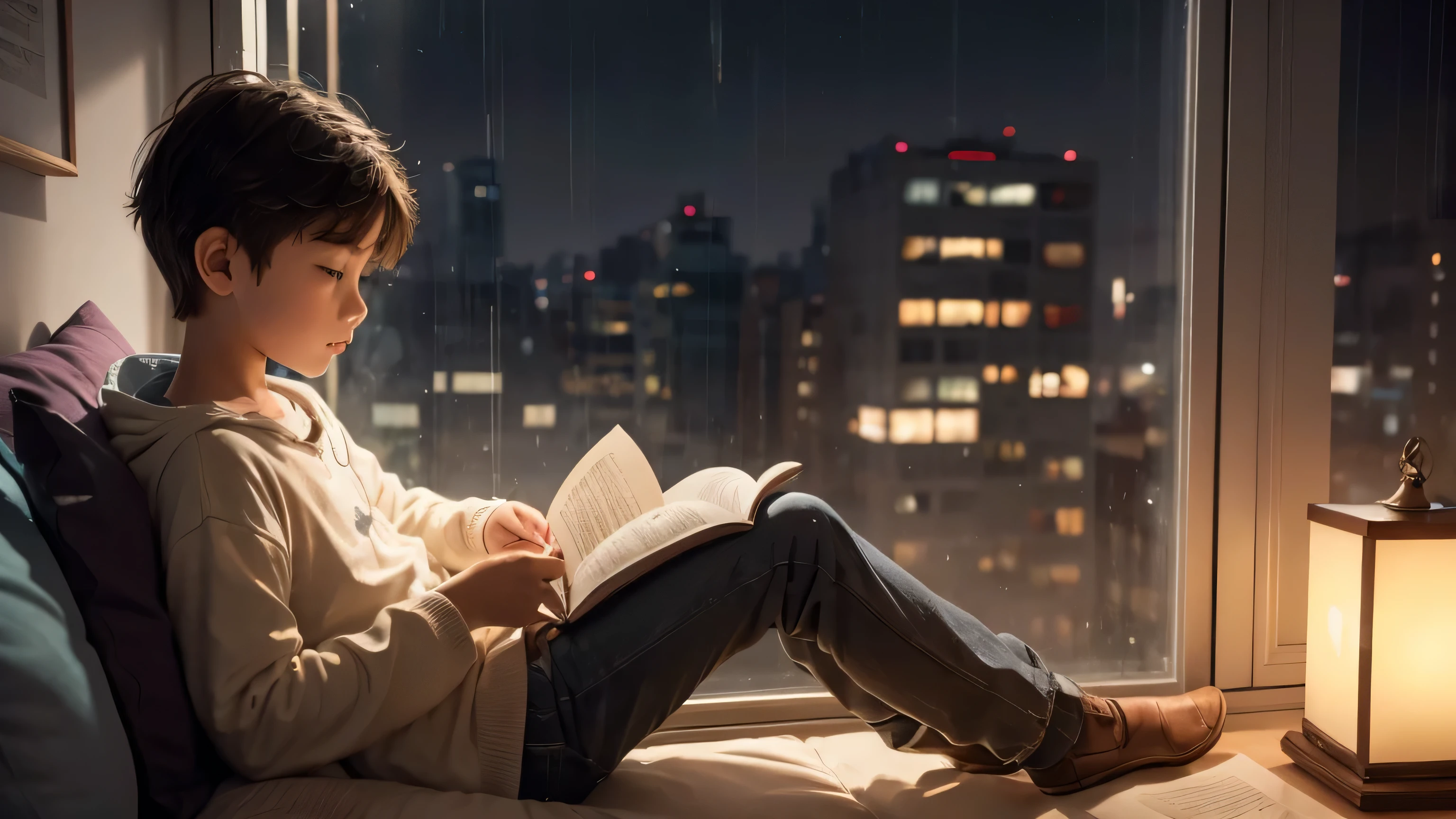 In the spectrum of soft tones, sitting by the open window, Immerse yourself in a book, There is a bright coffee cup on the windowsill next to it... The cityscape outside comes alive with moist rain.., Cast a quiet light on your scene. The pages you turn and the water droplets of each color seem to be in harmony..., Create an atmosphere where you can quietly immerse yourself.