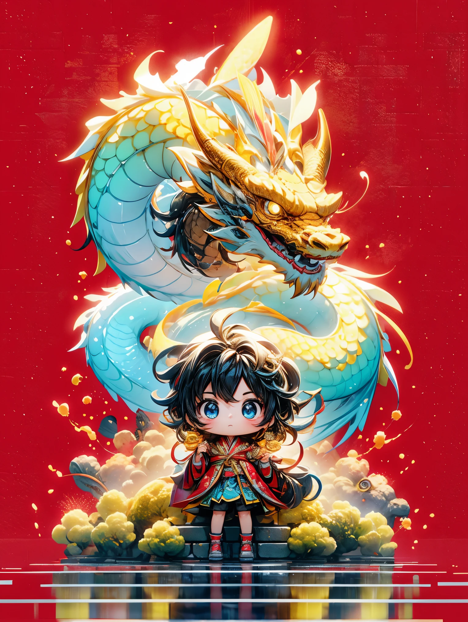  (Full Body Shot) , 1 Transparent cute girl,Behind him is a transparent and Chinese dragon，big eyes，Gold coin decoration，pixar animation，IP design，Ultra-fine details，resin，Best quality oc rendering，Strong light effect，plain red background，Ultra-detailed , 3D rendering, HD, 8k