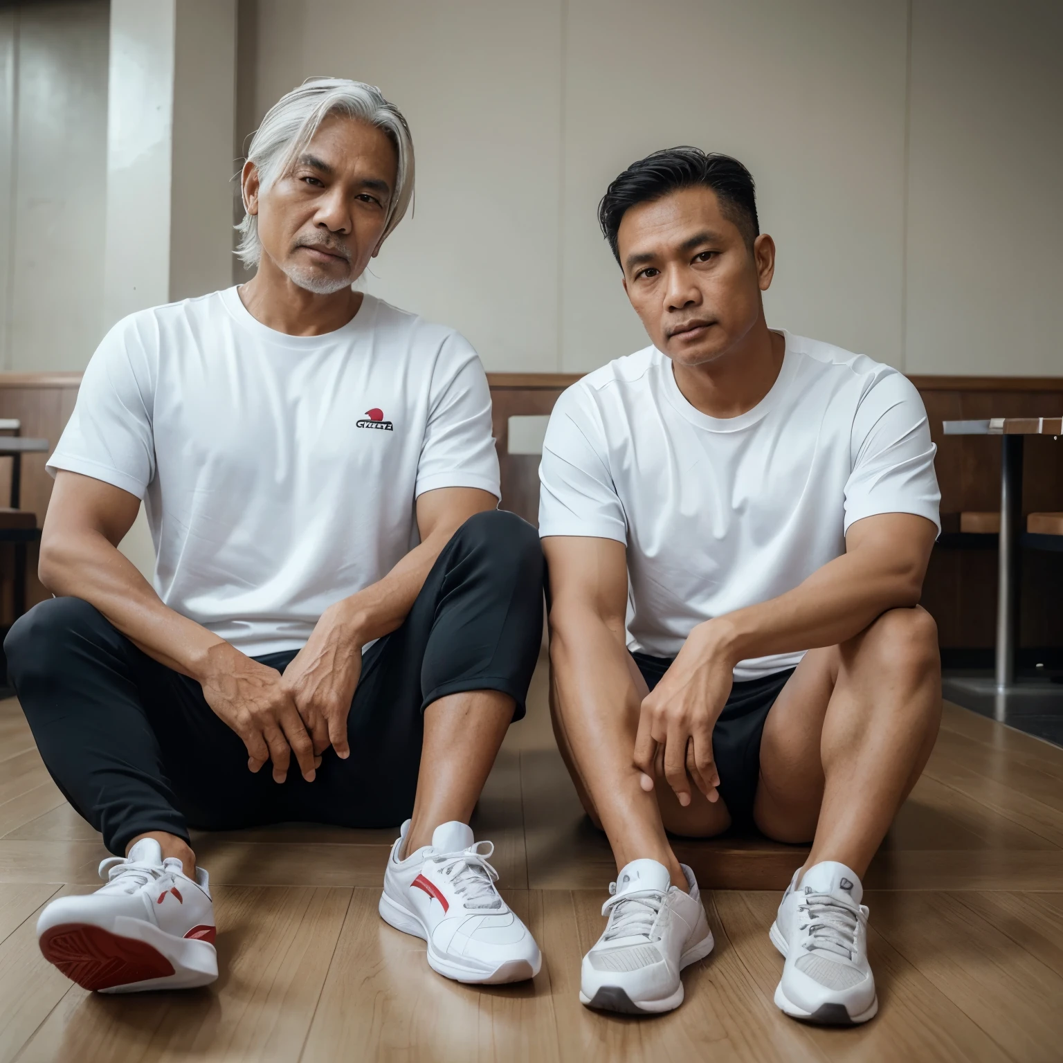 a man from indonesia as known as ganjar pranowo, 53 years old, neat white hair, clean face, jogging clothes, wearing sport shoes.
sitting with handsome indonesian man aged 28 year, black haired, wearing tshirt, wearing sneaker, outdor restaurant, very detail, cinematic,8k resolution, serene, photography, ultra HD