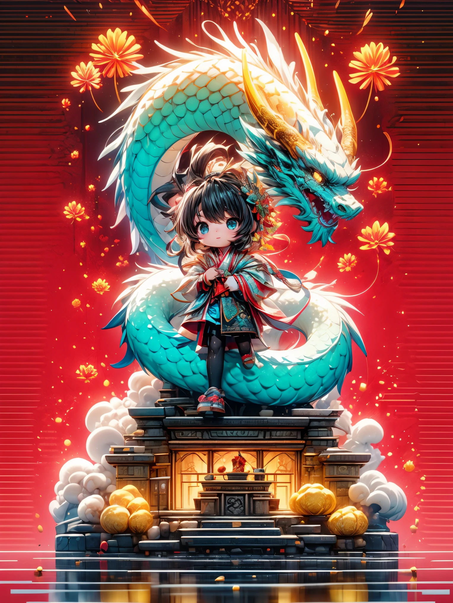  (Full Body Shot) , 1 Transparent cute girl,Behind him is a transparent and Chinese dragon，big eyes，Gold coin decoration，pixar animation，IP design，Ultra-fine details，resin，Best quality oc rendering，Strong light effect，Pure red festive background，fireworks，firecracker，(Ultra-detailed , 3D rendering, HD, 8k，anatomically correct)