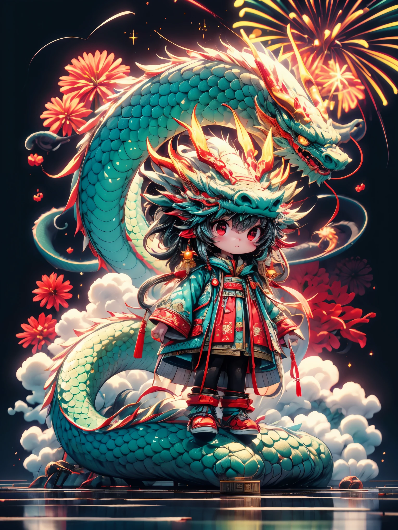  (Full Body Shot) , 1 Transparent cute girl,Behind him is a transparent and Chinese dragon，big eyes，Gold coin decoration，pixar animation，IP design，Ultra-fine details，resin，Best quality oc rendering，Strong light effect，Pure red festive background，fireworks，firecracker，(Ultra-detailed , 3D rendering, HD, 8k，anatomically correct)