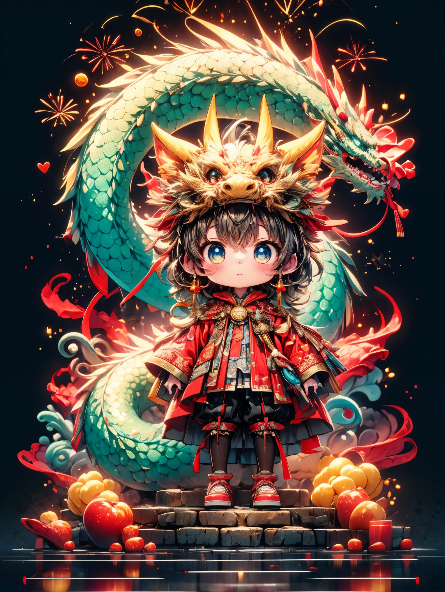  (Full Body Shot) , 1 Transparent cute girl,Behind him is a transparent and Chinese dragon，big eyes，Gold coin decoration，pixar animation，IP design，Ultra-fine details，resin，Best quality oc rendering，Strong light effect，Pure red festive background，fireworks，firecracker，(Ultra-detailed , 3D rendering, HD, 8k，anatomically correct)