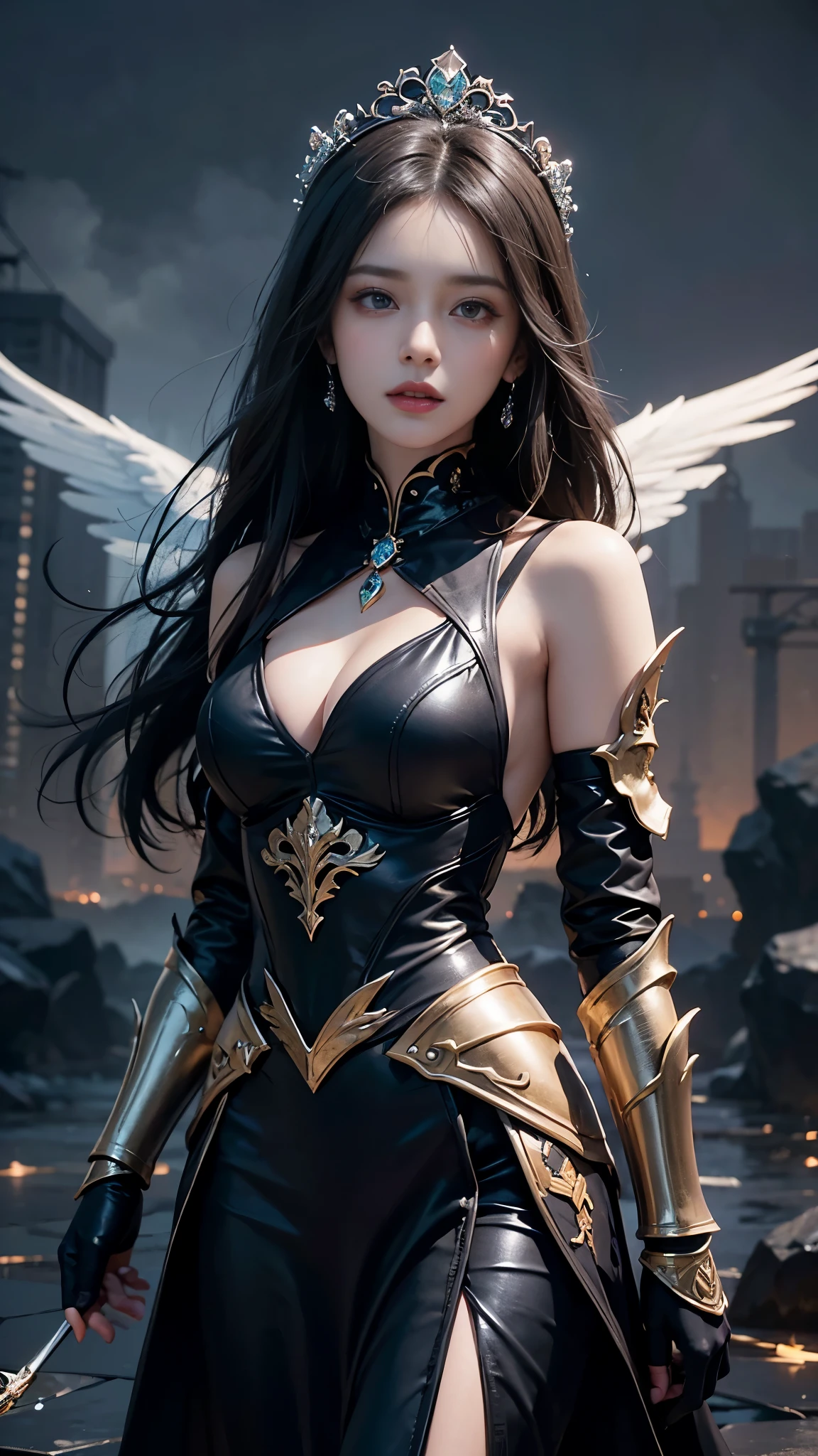Woman in black outfit, view the viewer, Purple wings, Slim waist, Long hair, Ultra-detailed details, High-end Zhenyi station, Rainstorm site, detailed fantasy art, Stunning character art, Beautiful and exquisite character art, Beautiful black armor, Extremely detailed, Girl in shiny armor, Exquisite tiaras and jewelry, Crystal jewelry filigree, milky ways, Stunning visuals, (dynamic streaks, light tracks:1.2), Vibrant colors, attractive pose,