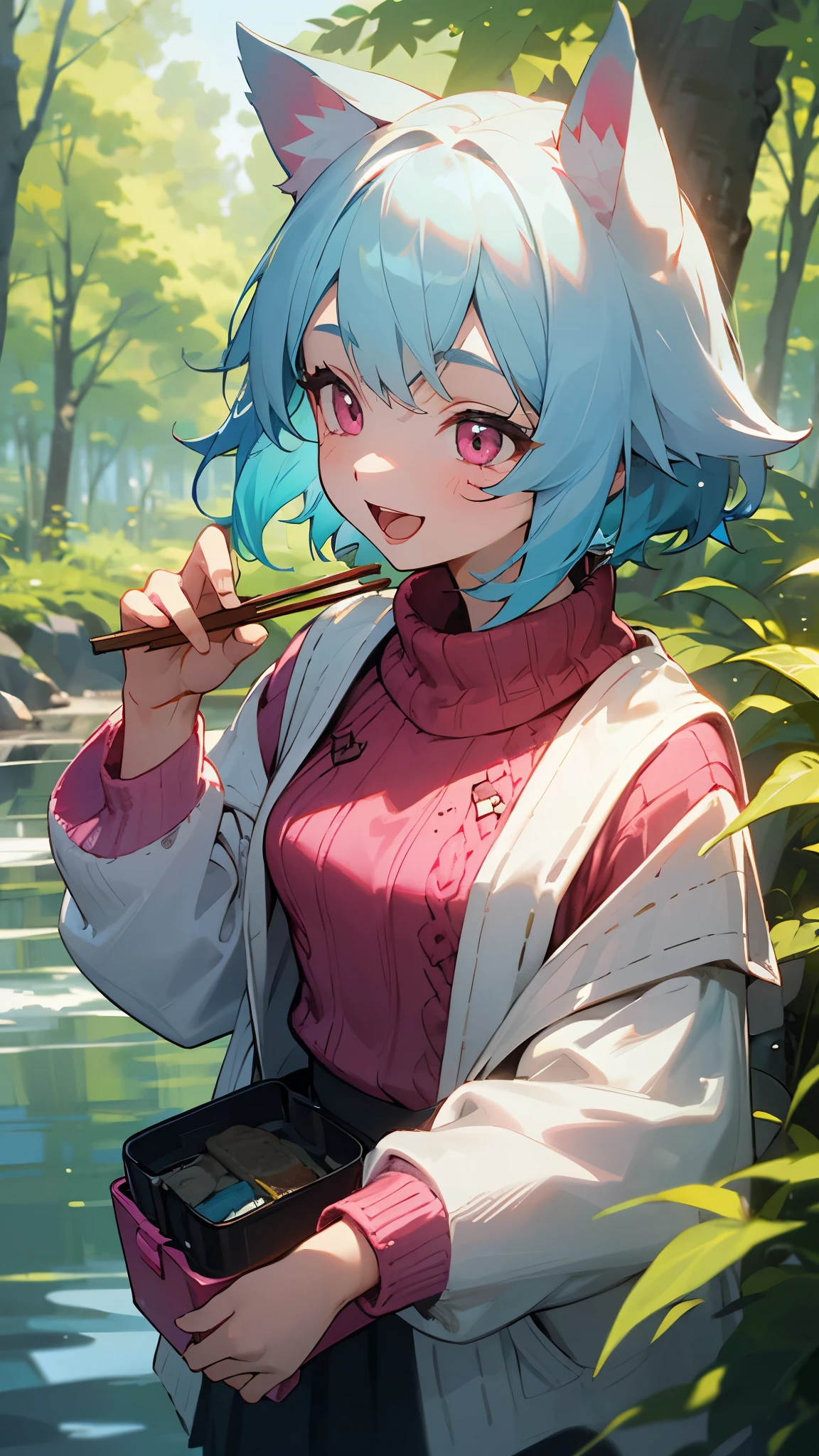 16 year old girl、light blue hair、dog ears、pink eyes、smile、open your mouth、small breasts、skirt、colorful knitwear、in the forest、morning、bank of a stream、upper body close-up、I have chopsticks and a lunch box