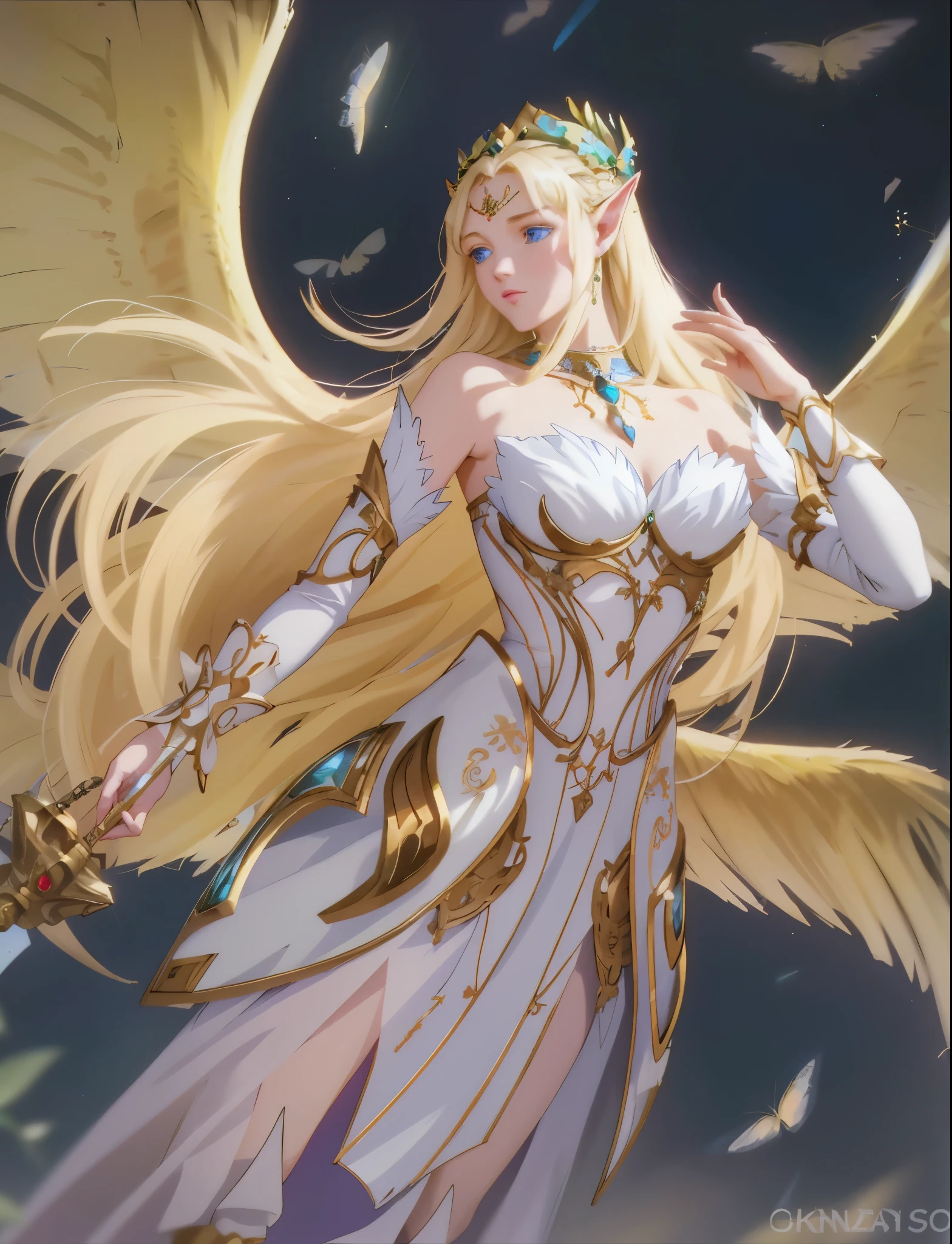 (best quality,4k,8k,highres,masterpiece:1.2),ultra-detailed,realistic,blue eyes,beautiful detailed eyes,pointed elven ears,fantasy,portrait,sharp focus,vivid colors,soft lighting,enchanted forest background,ethereal beauty,delicate features,graceful pose,subtle makeup,long flowing hair,fairy-like appearance,intricate jewelry,delicate tiara,nature-inspired accessories,wisps of magic,faint glow around the ears,pure and innocent expression,mystical aura,starlit sky,translucent dress,subtle shimmer,butterfly wings,whimsical essence,elven princess,serene and elegant,peaceful and enchanting scenery.