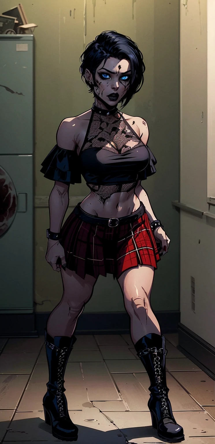 a woman with short black hair wearing a black cropped and plaid skirt, blue eyes, zombie art, gothic art, cute aesthetic with vibe, toon aesthetic, wearing red costume, wearing gothic accessories, look like Cassie Hack