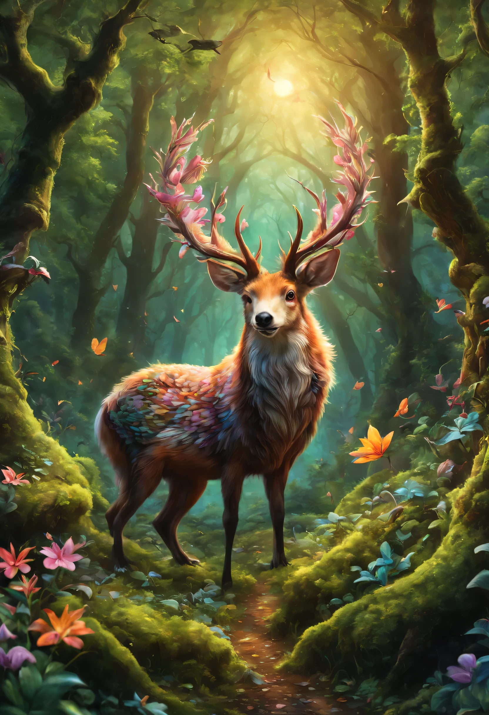 A mysterious enchanted forest, Fantastic animals living in the forest, Fantasy animals, magical world, mysterious creature, Bizarre creatures, Fantasy colors, enchanted forest, Fantasy elements, Fantasy elements, The forest is full of magic, It gives a sense of mystery、dreamy feeling, Charm Aura, (best quality,4K,8k,high resolution,masterpiece:1.2), Super detailed, (actual,photoactual,photo-actual:1.37), enchanted woodland, magical residents, mysterious flora and fauna, Vibrant and whimsical colors, charming elements, Atmospheric magic, fantastic forest scene, surreal environment, Strong sense of surprise and mystery.