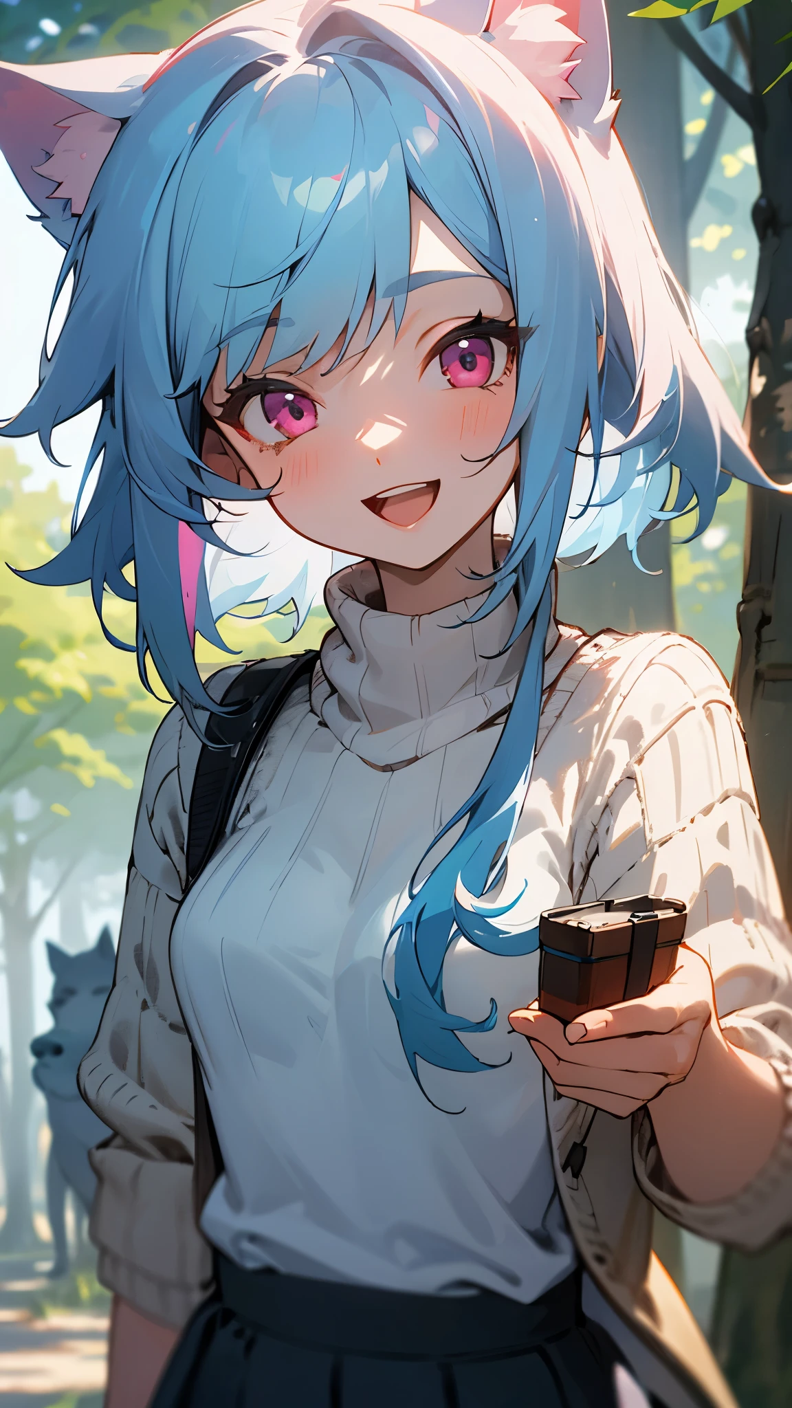 16 year old girl、light blue hair、dog ears、pink eyes、smile、open your mouth、small breasts、skirt、colorful knitwear、in the forest、morning、upper body close-up、I have chopsticks and a lunch box