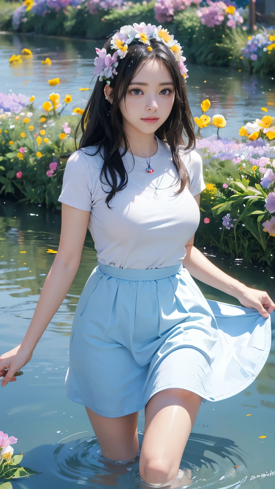 (Extremely detailed CG unified 8k wallpaper,masterpiece, best quality, Super detailed),(best shadow, extremely delicate and beautiful),floating,high saturation,black hair+big eyes,She smiled,big breasts,skirt,(water the flowers:1.6)