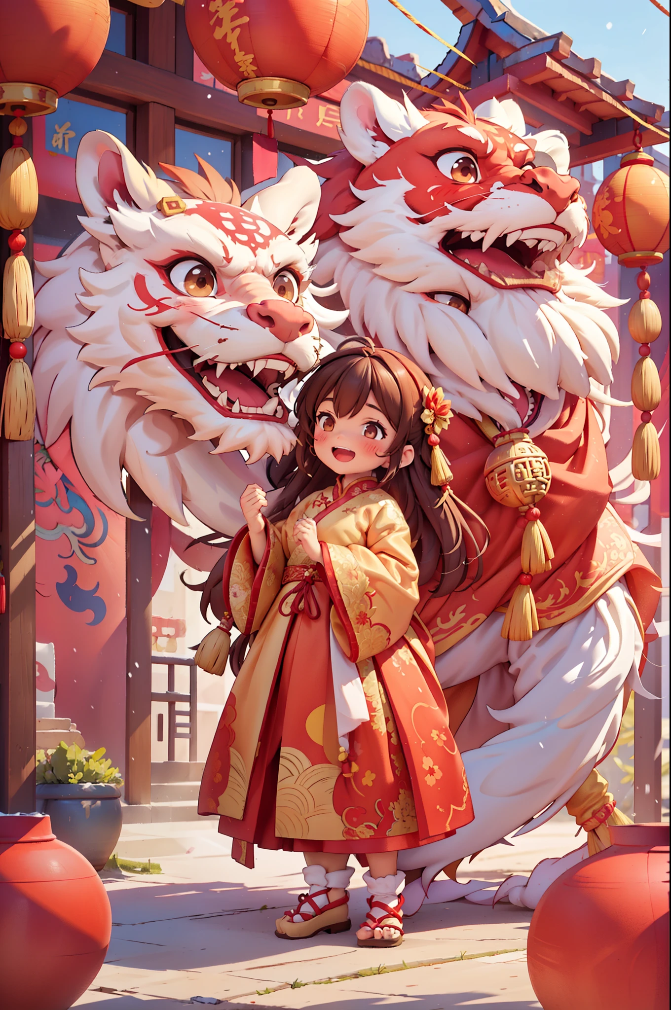 8k,original photo,(masterpiece:1.2),alone,Super detailed,Extremely detailed CG 8k wallpaper,incubation (texture),CNY,1 girl,alone,Wear traditional Chinese clothing to welcome the winter solstice festival, long hair,looking at the audience,blush,Smile,open mouth,simple background,brown hair,hair accessories,Hanfu，long sleeves,skirt,Double tail,brown eyes,Raise your hand,low Double tail,Chinese clothes,red background,Big red lanterns hung high，Holding a wishful ornament，