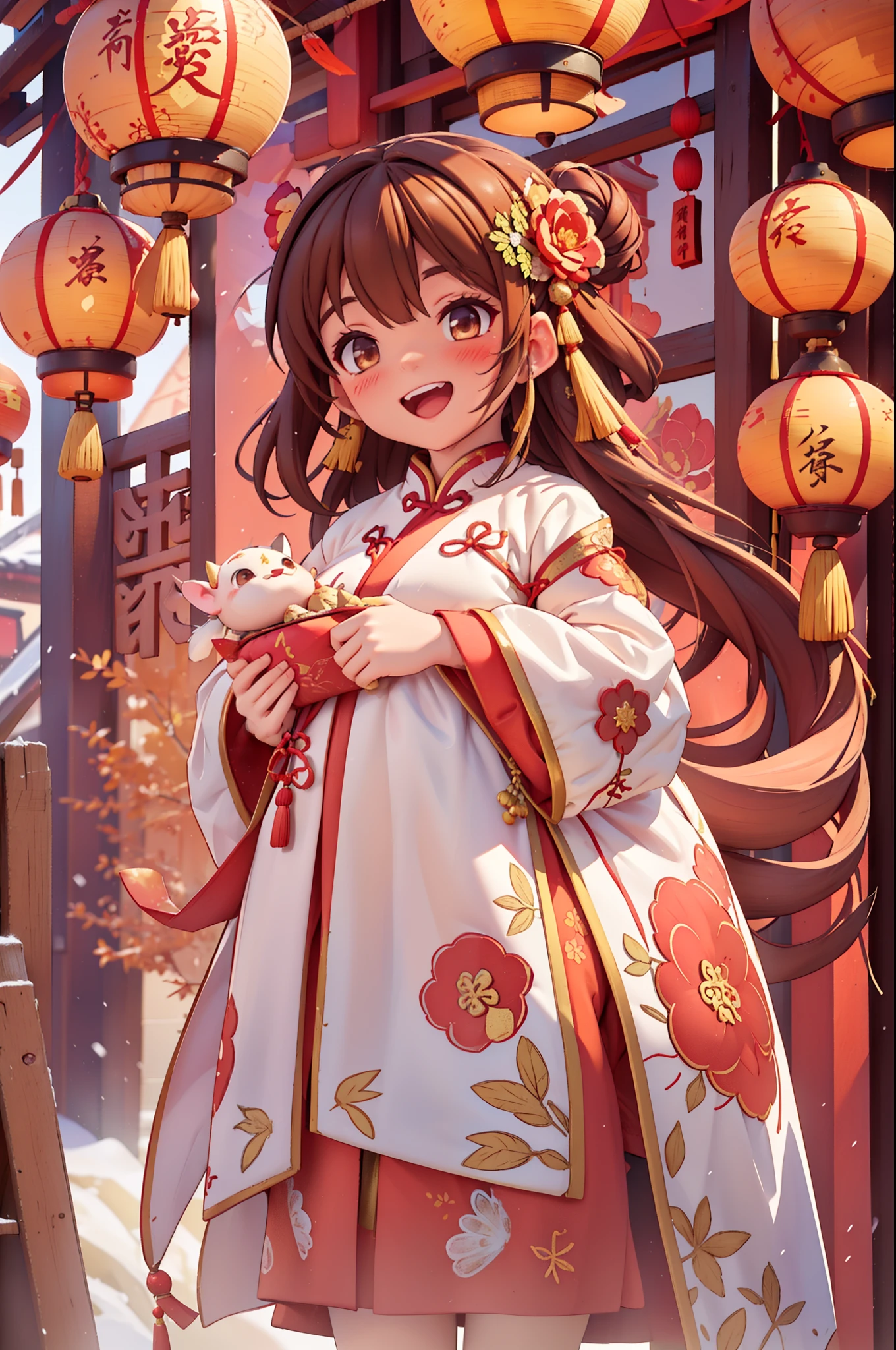 8k,original photo,(masterpiece:1.2),alone,Super detailed,Extremely detailed CG 8k wallpaper,incubation (texture),CNY,1 girl,alone,Wear traditional Chinese clothing to welcome the winter solstice festival, long hair,looking at the audience,blush,Smile,open mouth,simple background,brown hair,hair accessories,Hanfu，long sleeves,skirt,Double tail,brown eyes,Raise your hand,low Double tail,Chinese clothes,red background,Big red lanterns hung high，Holding a wishful ornament，