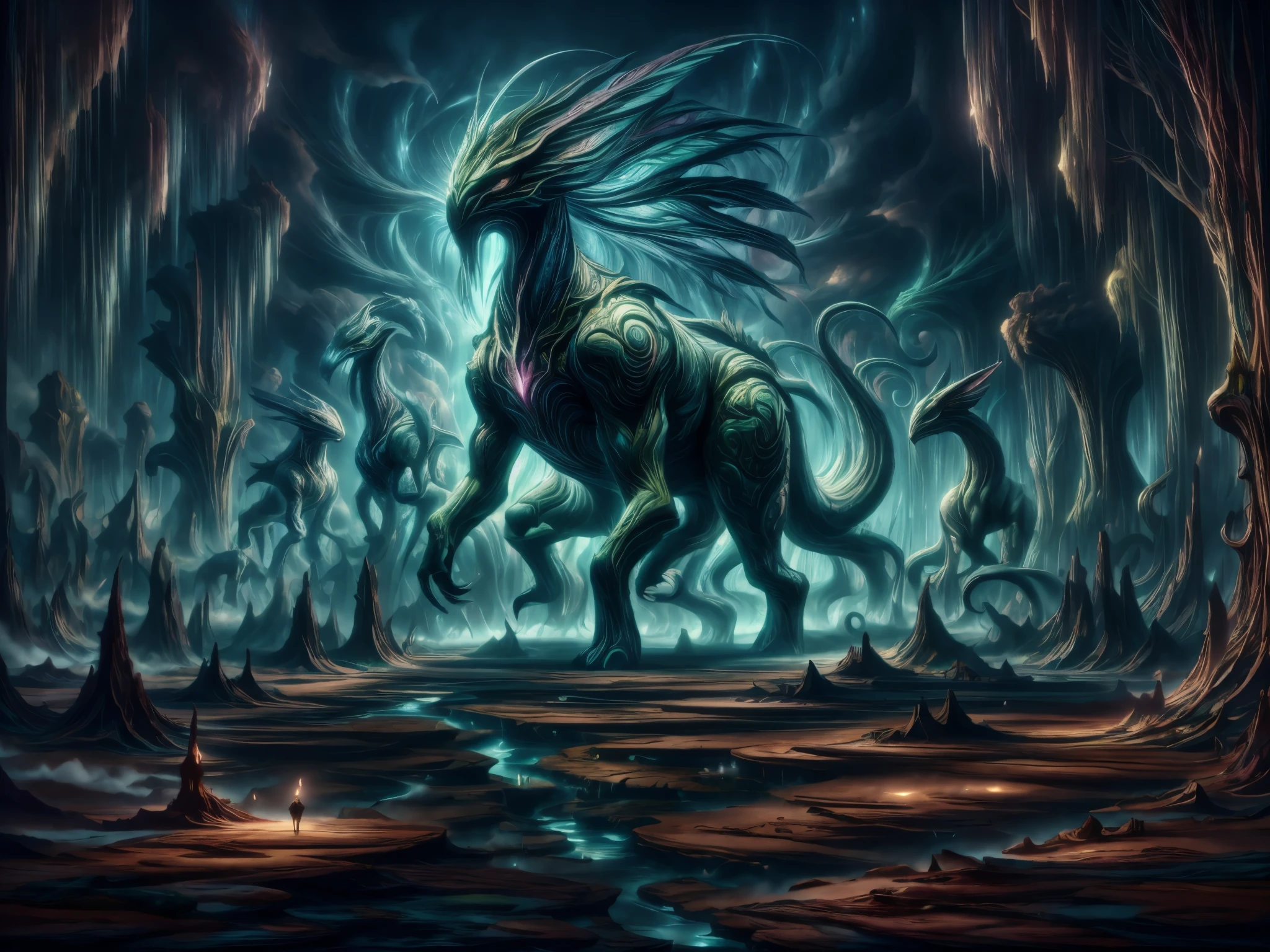 best quality,4k,8k,highres,masterpiece:1.2,ultra-detailed,realistic:1.37,magical creatures,enchanted forest,fantasy illustration,mythical beasts,beautifully detailed animals,mystical atmosphere,glimmering light,ethereal beings,colorful feathers and scales,whimsical creatures,fantastical creature designs,dreamlike scenery,otherworldly charm,mythical creatures in motion,floating islands and waterfalls,majestic wings and horns,magical essence,spellbinding charm,glowing eyes and intricate patterns,magical powers and abilities,fantastical flora and fauna,ethereal glow,imaginative settings,perfectly executed textures,enchanted companions,hidden realms,extraordinary encounters,fairytale-like creatures,creatures of legend and myth,exquisite details and intricate features,awe-inspiring presence,radiant colors and hues,mythical beast hybrids,creature under moonlight,lost in a world of magic