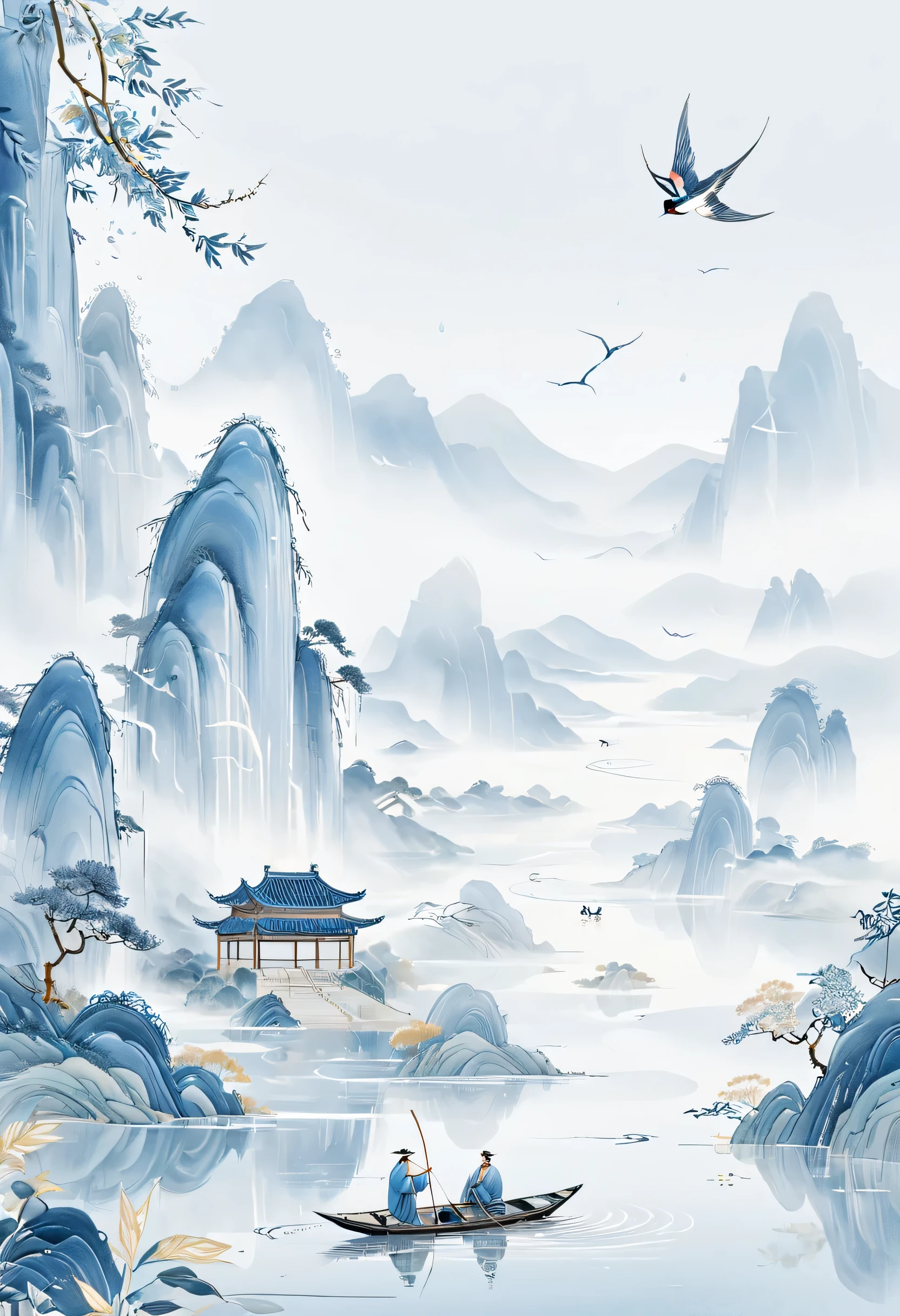 Beautiful pictures, fine lines，(Golden section composition), (golden ratio),Minimalism，（flat illustration：1.4），national style，Chinese style，GCCH，blue，Zen simple style conveys the tranquility of spring drizzle, Surrounded by lush ink mountains, Fisherman rows boat through calm water, Willow branches sway gently，Raindrops on the leaves, Swallows fly around in the raindrops, The subtle nuances of rain solar terms are a sublime expression of Chinese aesthetics, Reflecting a deep Zen atmosphere, overall scene imbued with a delicate shade of a light blue hue to preserve the serene mood, Consistent with the simplicity and introspection present in the essence of the painting’s subject, (best quality,4K),(light blue tones), (Surreal, Super detailed, lifelike), human development report, Soft diffused light pours in，Set off a tranquil atmosphere, The overall design reflects the harmonious fusion of traditional Chinese aesthetics and modern minimalist style.