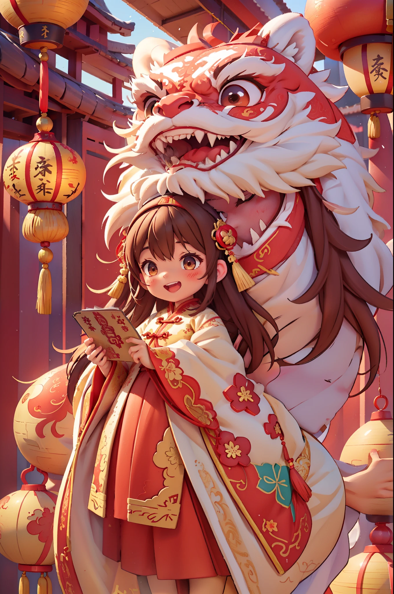 8k,original photo,(masterpiece:1.2),alone,Super detailed,Extremely detailed CG 8k wallpaper,incubation (texture),CNY,1 girl,alone,Wear traditional Chinese clothing to welcome the winter solstice festival, long hair,looking at the audience,blush,Smile,open mouth,simple background,brown hair,hair accessories,Hanfu，long sleeves,skirt,Double tail,brown eyes,Raise your hand,low Double tail,Chinese clothes,red background,Big red lanterns hung high，Holding a wishful ornament，