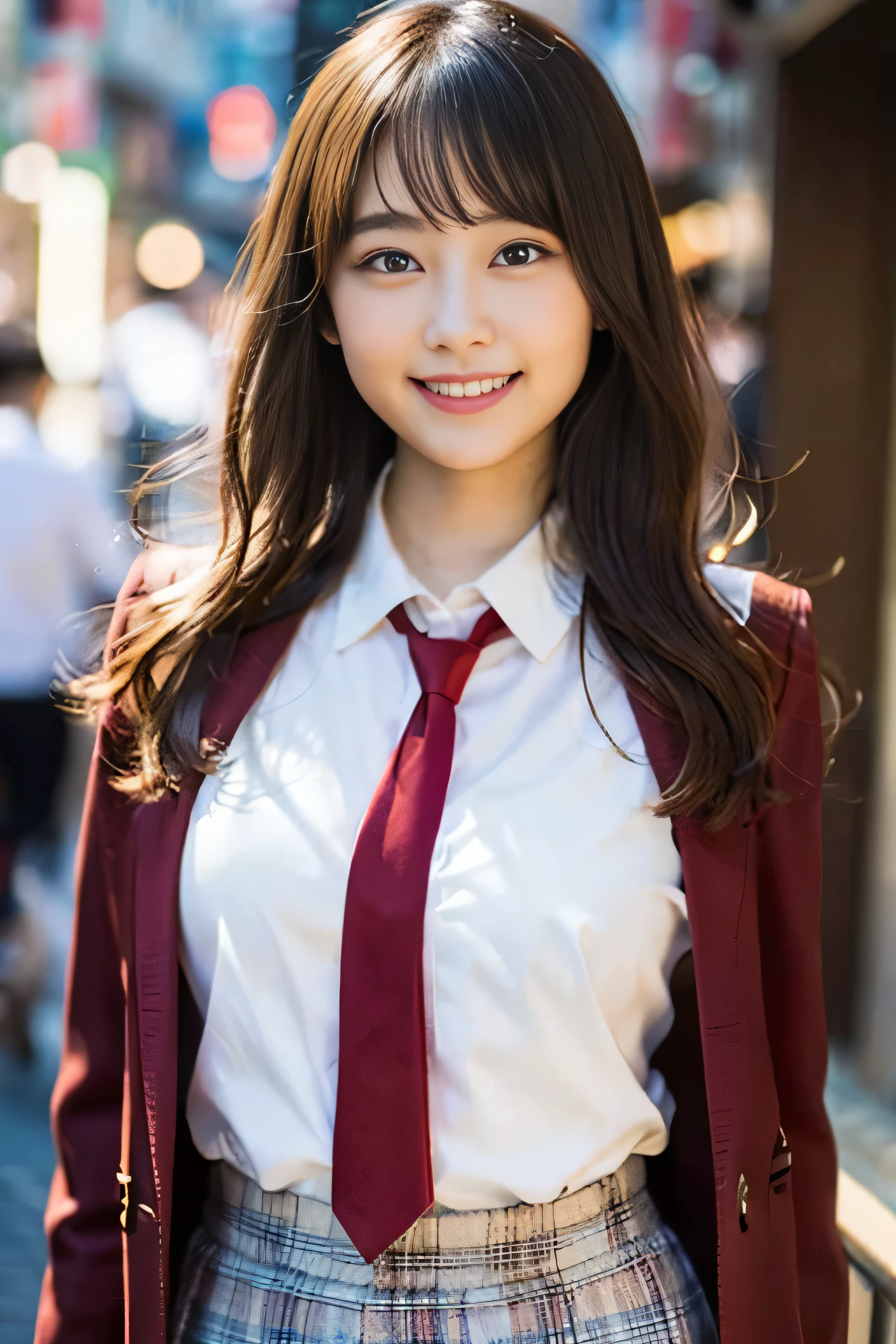 (8K、RAW photo、best image quality、masterpiece:1.2)、(genuine、フォトgenuine:1.37)、Super detailed、ultra high resolution、girl、1 person、Eyes that see the beholder、Beautiful face in every detail、smile、narrow、 (slim waist) :1.3)、thick and beautiful skin、skin texture、flowing hair、professional writing、as a whole human body、long hair、blonde、high school girlの制服、high school girl、school zone、Tokyo、cityscape、red tie、bob hair、happy smile、baby face smile、no makeup、16 years old、a little chubby、E cup breasts、