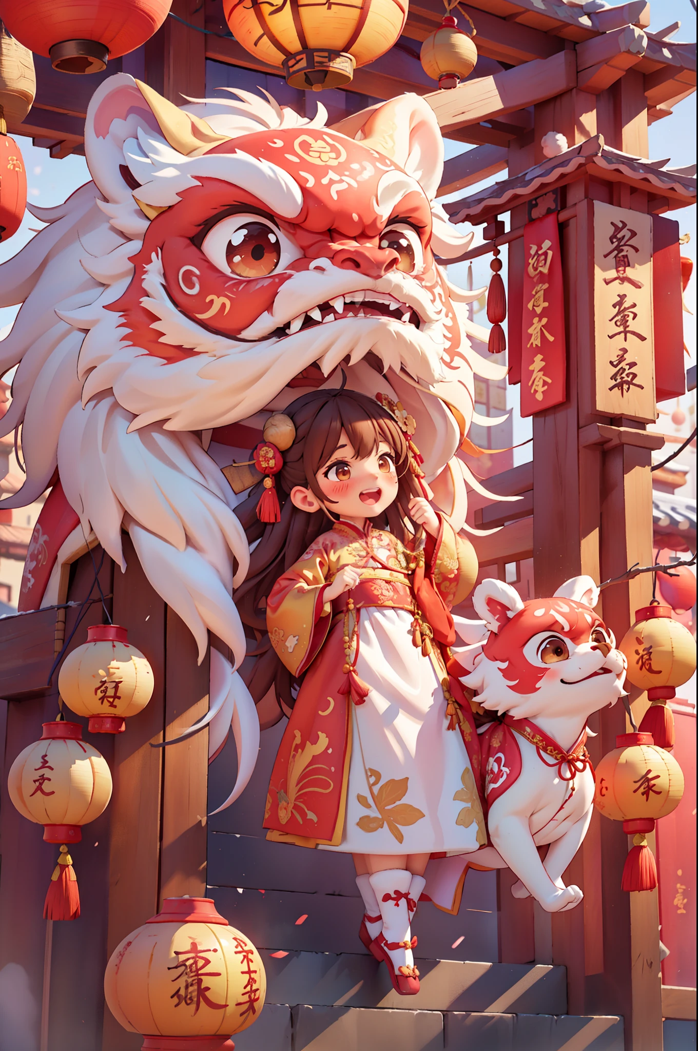 8k,original photo,(masterpiece:1.2),alone,Super detailed,Extremely detailed CG 8k wallpaper,incubation (texture),CNY,1 girl,alone,Wear traditional Chinese clothing to welcome the winter solstice festival, long hair,looking at the audience,blush,Smile,open mouth,simple background,brown hair,hair accessories,Hanfu，long sleeves,skirt,Double tail,brown eyes,Raise your hand,low Double tail,Chinese clothes,red background,Big red lanterns hung high，Holding a wishful ornament，