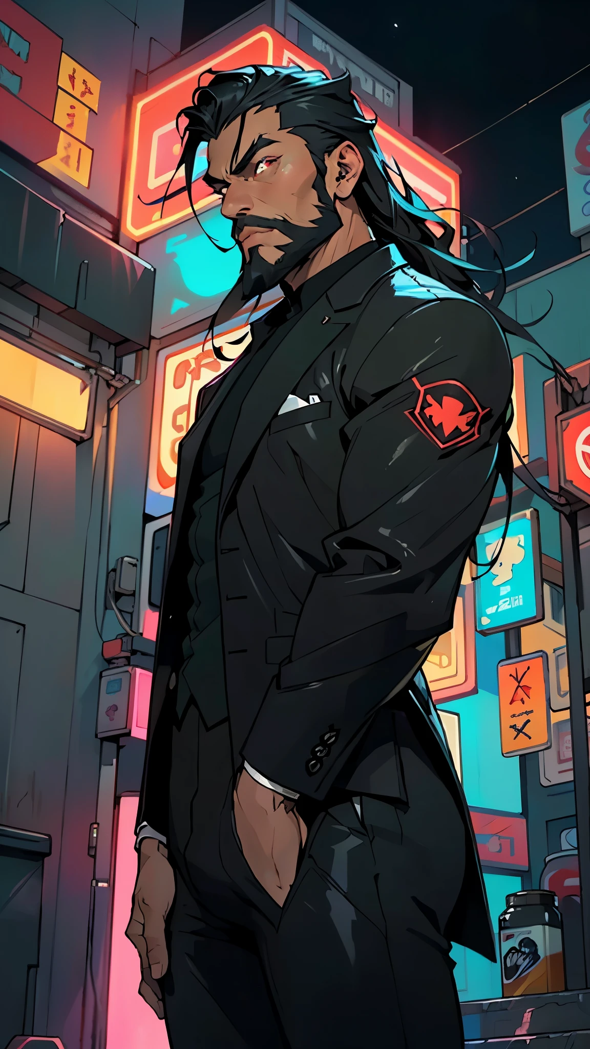 (man:1.5),1 man,mafia boss man,(((1man))),((man with black hair)),
55 years old, male character, black hair, ((slightly long hair:1.3)), ((full beard:1.3,black beard)), serious face, demon king,muscular body,heavy muscular body,((mafia boss)),((tall statue)),
(((1male,male,male gender:1.5,male focus))),macho man,villain,evil villain,
(((lustrous skin:1.5,tanned skin,bright skin: 1.5,skin tanned,shiny skin,very shiny skin,shiny body,illuminated skin))),(((red_eyes:1.2))),intricate eyes,beautiful detailed eyes,symmetrical eyes,((man chest)),((muscular)),male jaw,(((detailed face))),
manly,nsfw,
cyberpunk mafia boss, ((mafia boss suit:1.5)), futuristic mafia boss,((bulge in pants)),((black suit:1.2)),(elegant suit),((wet clothes,intricate outfit,intricate clothes,intricate suit)),
(dynamic pose:1.0),solo focus,((smug)),(centered,scale to fit dimensions,Rule of thirds),
cyberpunk city by the ocean at night, with bright neon signs and dark stormy clouds and puddles, scenery:1.25,nighttime, starry night, cosmos,Very dark night that makes the neon lights stand out, very bright neon lights,
highres, sharp focus, (ultra detailed, extremely detailed), (photorealistic artwork:1.37),(extremely detailed CG unity 8k wallpaper),((synthwave background theme)),(((vibrant colors))),(intricate background),(masterpiece),(best quality),