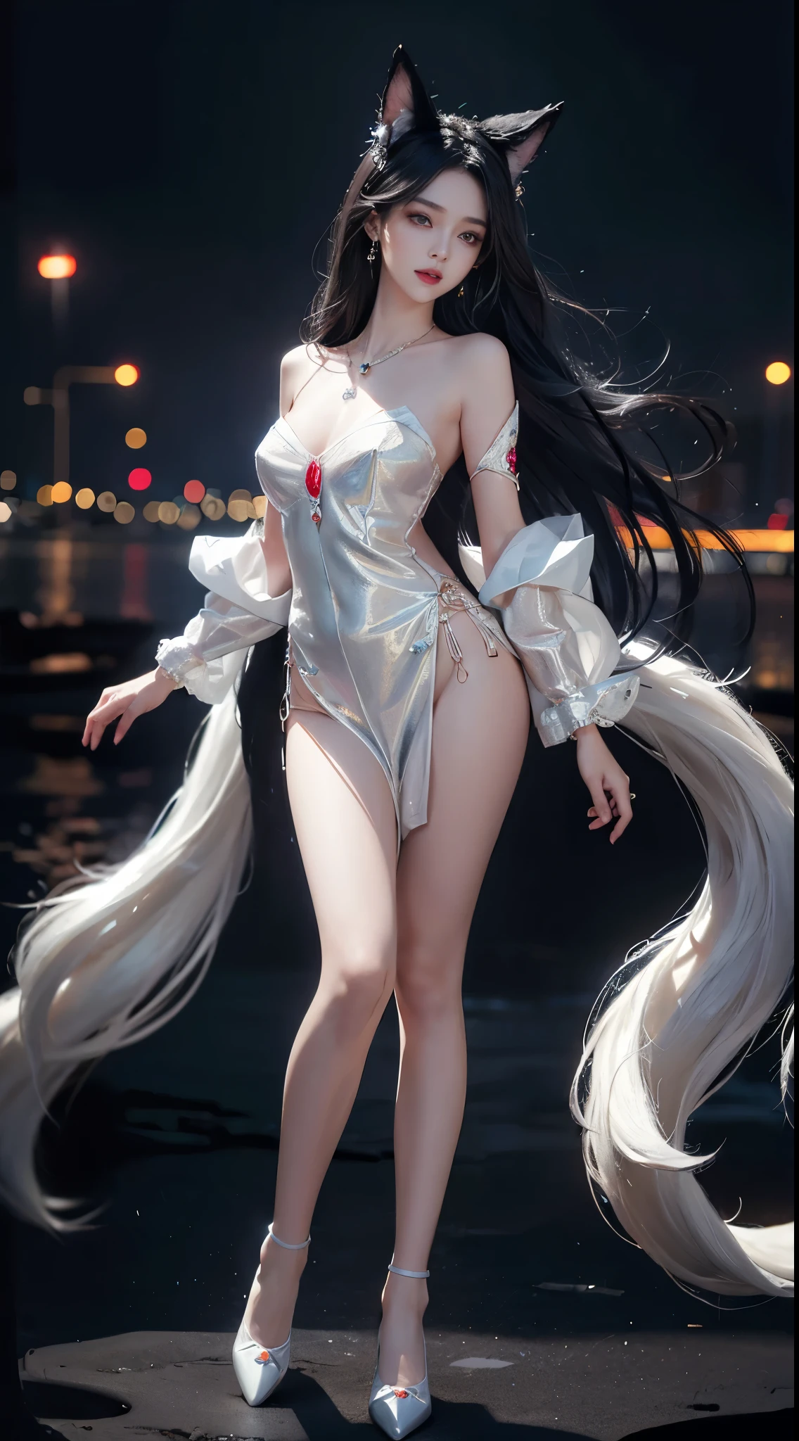 Ahri_Cosplay, White Tails, Black long hair, yellow eyes,  ((full body)), ((from below)), clear face, pretty face, 8k, masterpiece, original photo, best quality, detail:1.2,lifelike, detail, Very detailed, CG, unified, wallpapers, depth of field, movie light, lens flare, Ray tracing, (extremely beautiful face, beautiful lips, beautiful eyes), intricate, detail的脸, ((ultra detailed skin)), 1 girl, in the darkness, deep shadow, beautiful korean girl, kpop idol,(Very slim figure:1.3), A plump chest, Slender sexy legs, elegant posture, (bright smile), (City night, (neon lights), (night), beautiful korean girl, white diamond earrings, Diameter bracelet, Dia necklace, clear eyes, face forward, (big eyes)