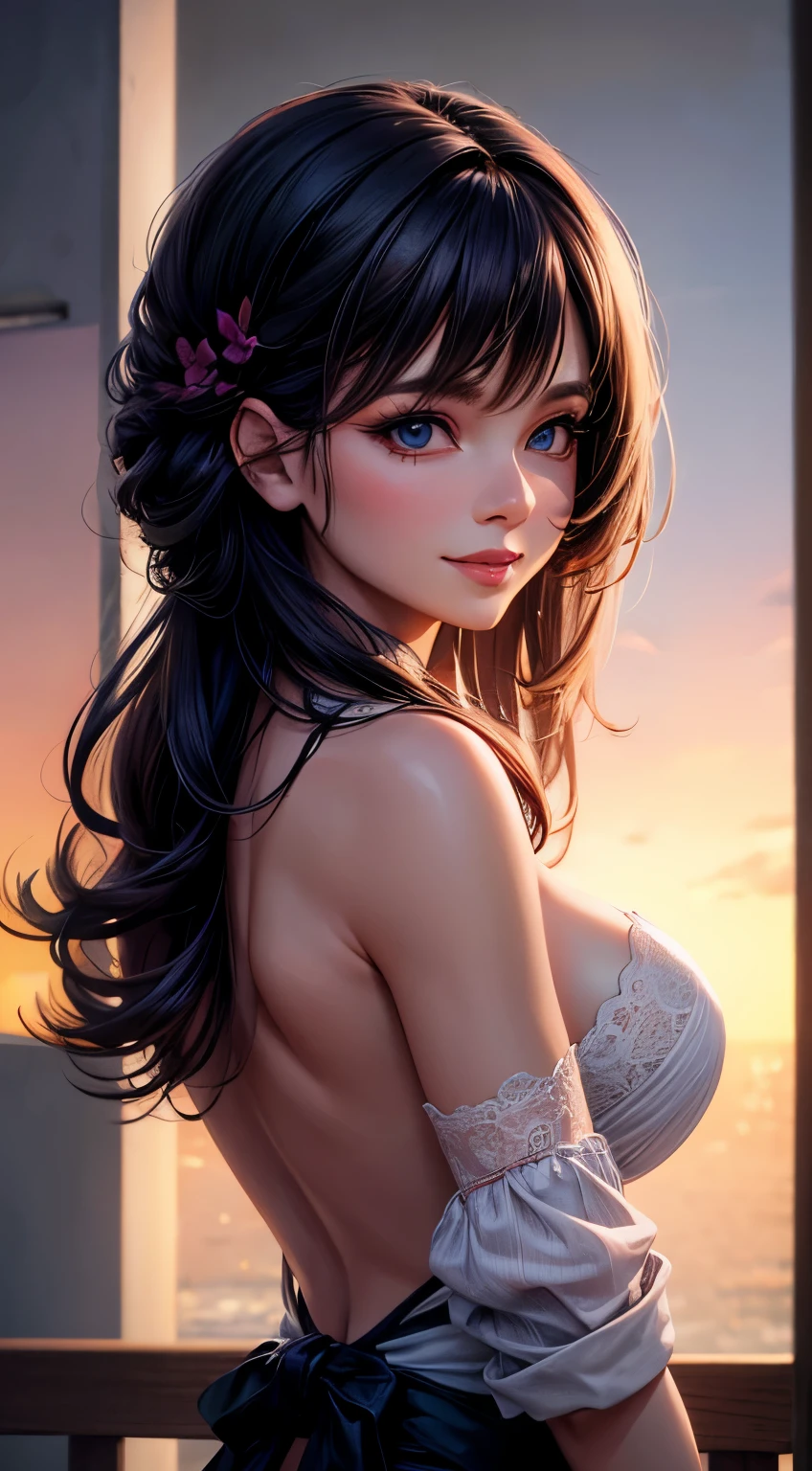 Woman, 30 years, makeup, spring clothes, seductive smile, cinematic lighting, bloom, from behind, UHD, masterpiece, textured skin, super detail, high quality